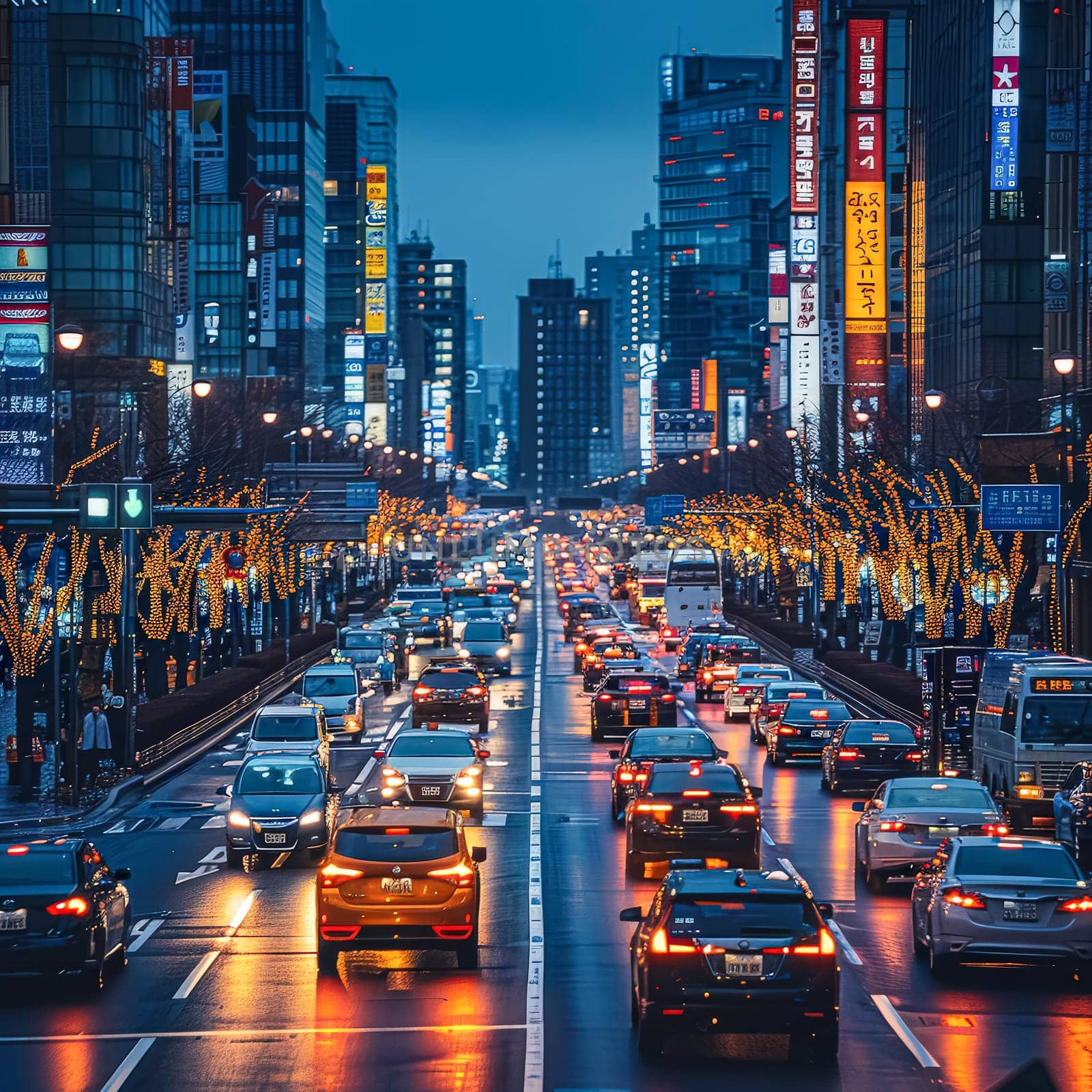 Busy city street with many cars and a lot of lights. Scene is busy and bustling