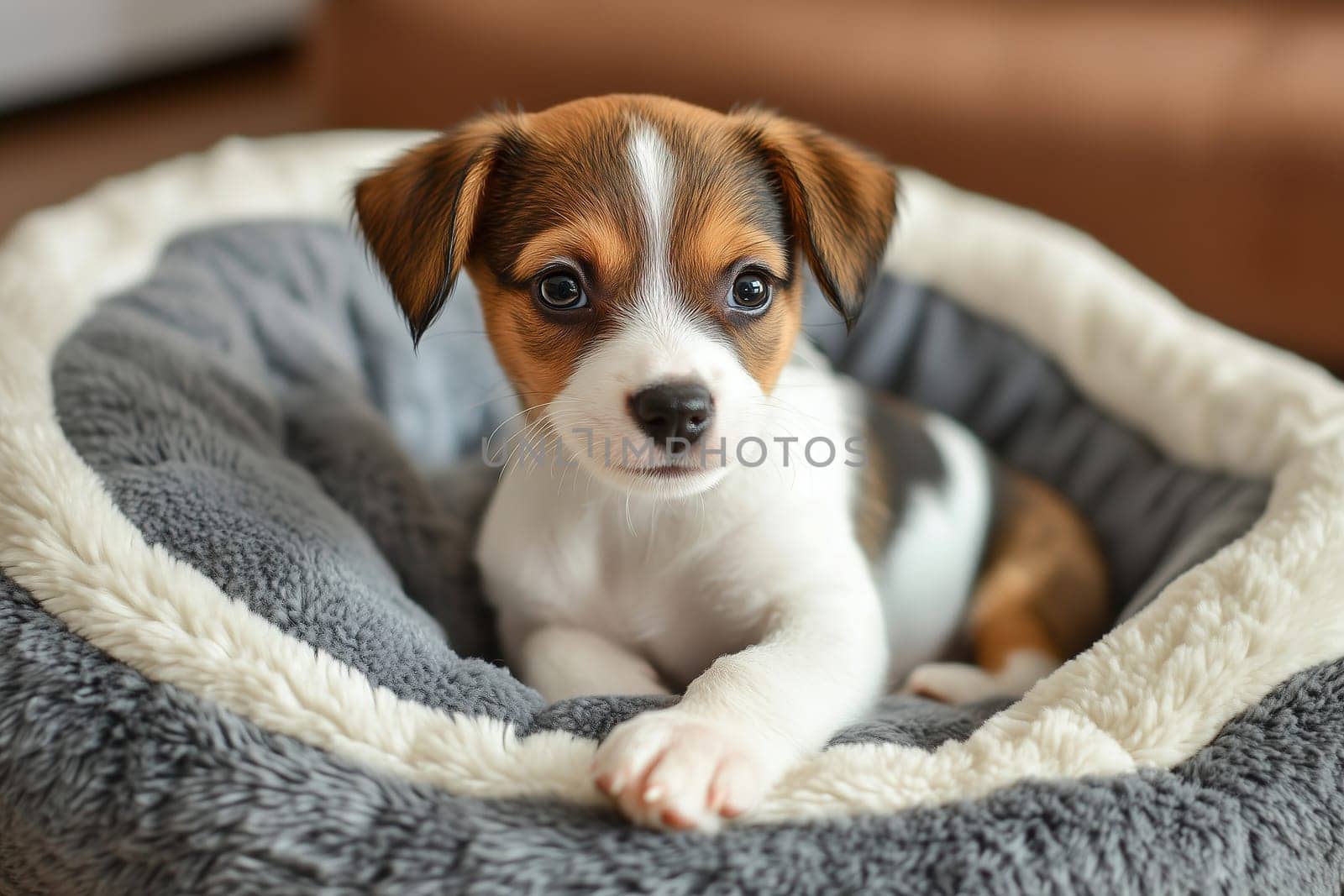 A playful puppy relaxes in its soft bed, gazing curiously around the room. Its fur is a mix of brown and white, displaying a charming personality.
