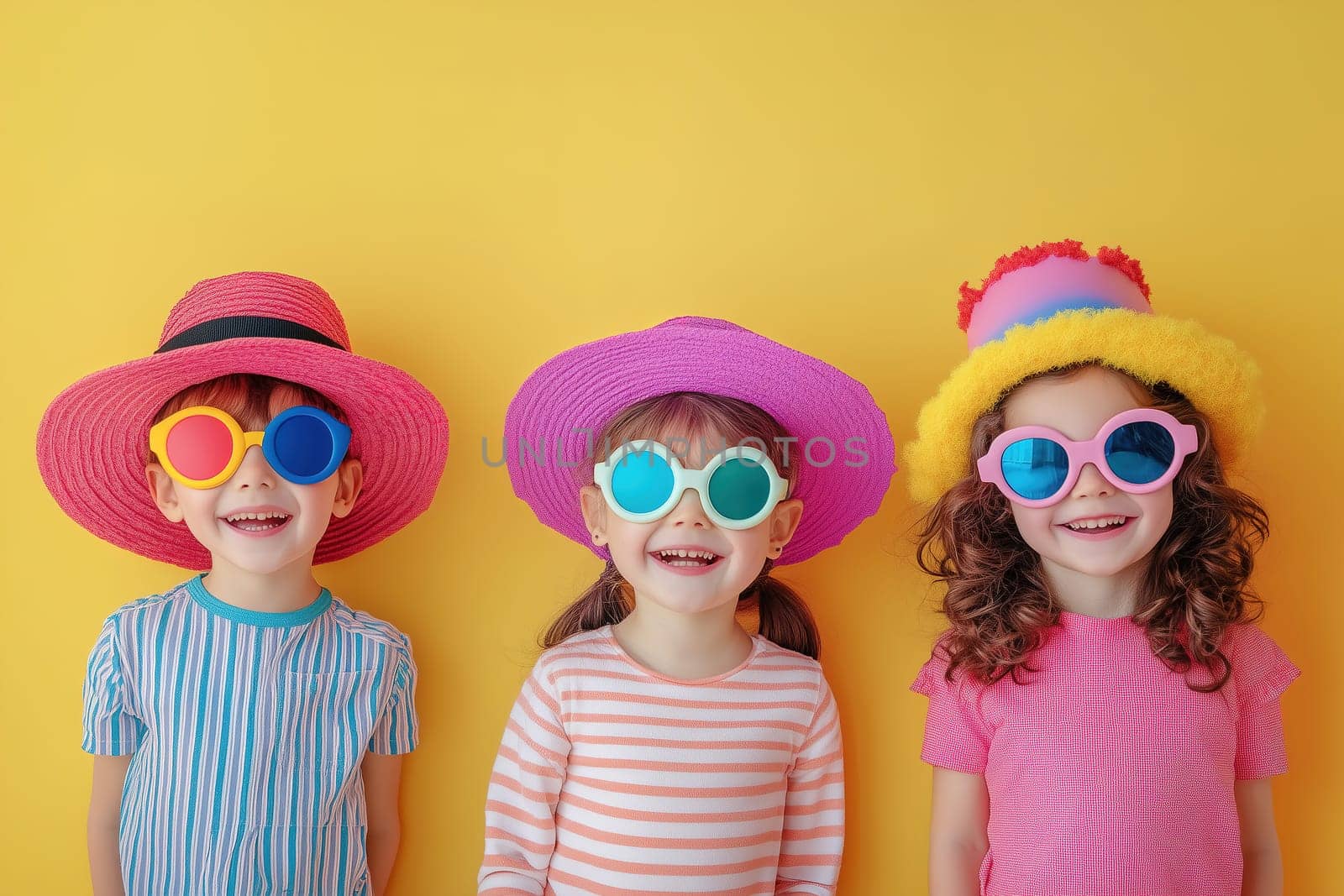 Three smiling children pose together, each sporting vibrant hats and sunglasses, showcasing their playful summer spirit against a cheerful yellow backdrop.