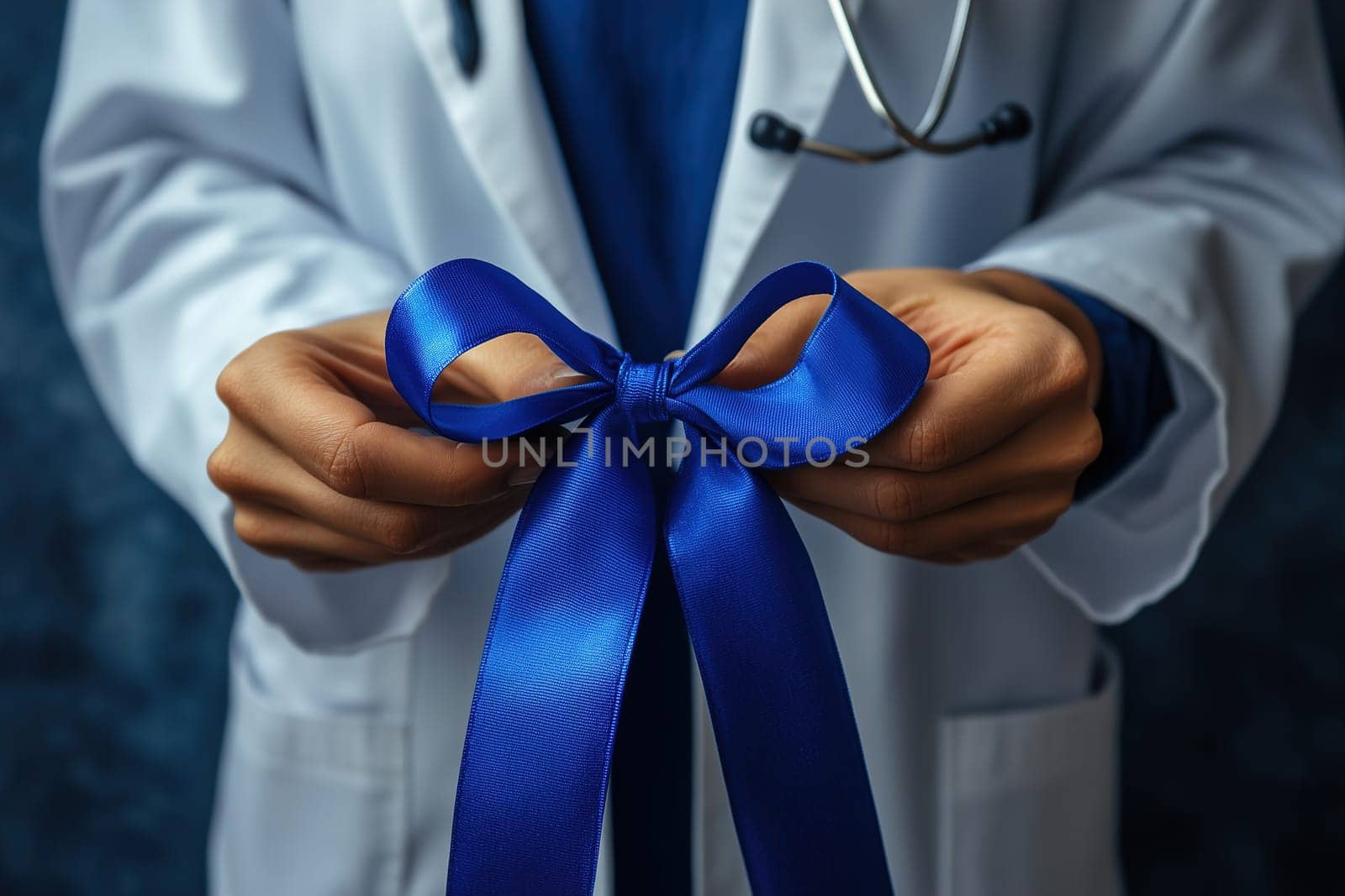 A healthcare worker in a lab coat skillfully ties a blue ribbon, symbolizing commitment and compassion in the medical field while suggesting readiness to help patients.