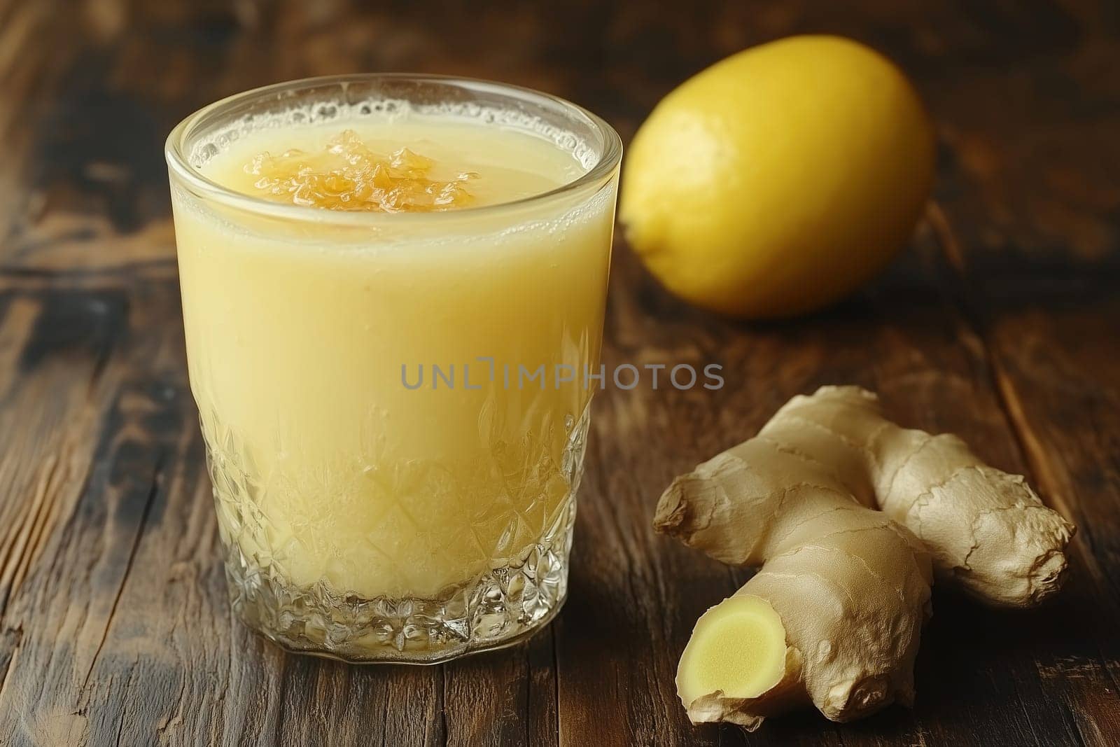 A refreshing drink made from ginger and lemon is displayed in a glass, accompanied by a whole lemon and a piece of ginger root on a rustic wooden table.
