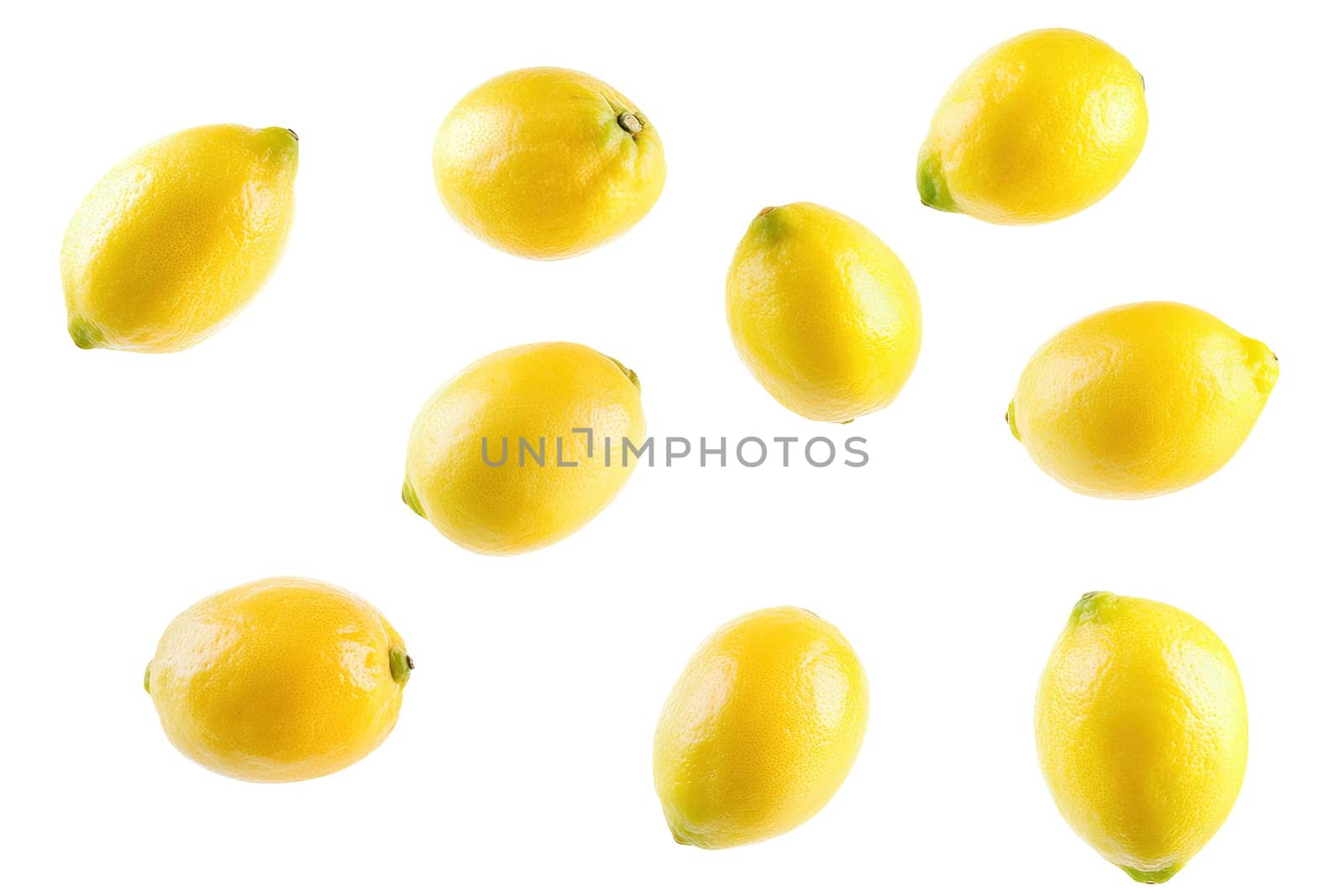 Bright yellow lemons are arranged in a random pattern against a clean white background, highlighting their fresh appearance and smooth skin.