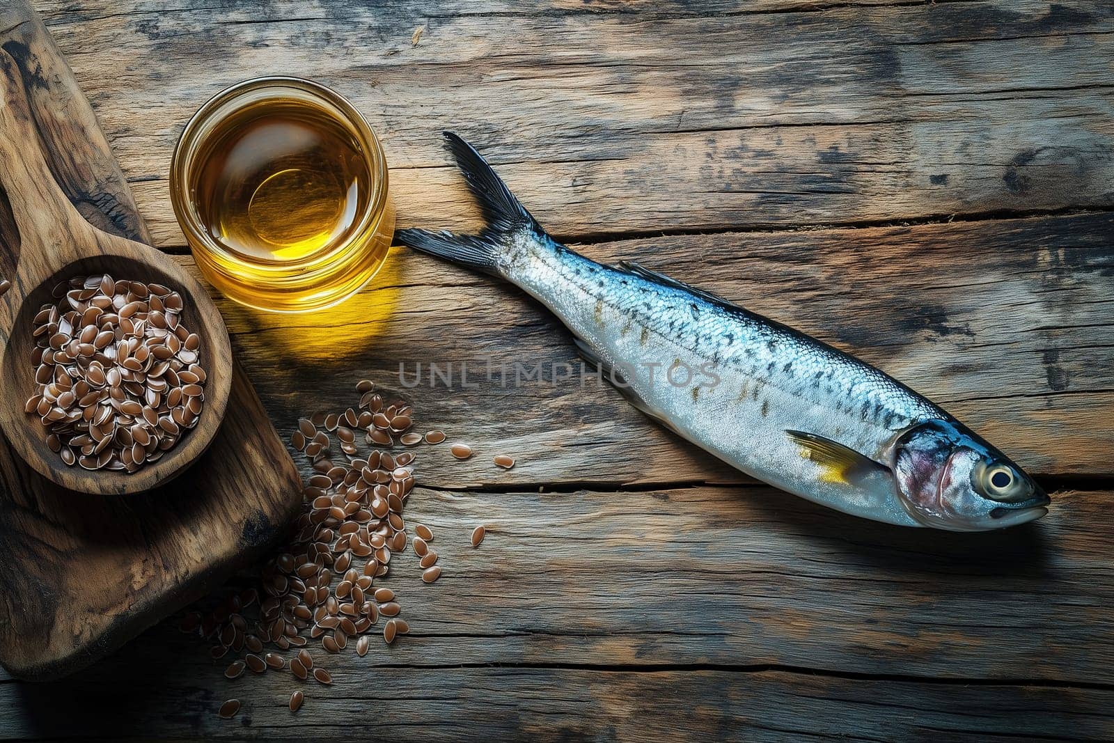 A fresh fish lies beside a wooden bowl of flaxseeds and a jar of golden oil on a rustic wooden table, showcasing ingredients perfect for healthy meals in a warm kitchen environment.