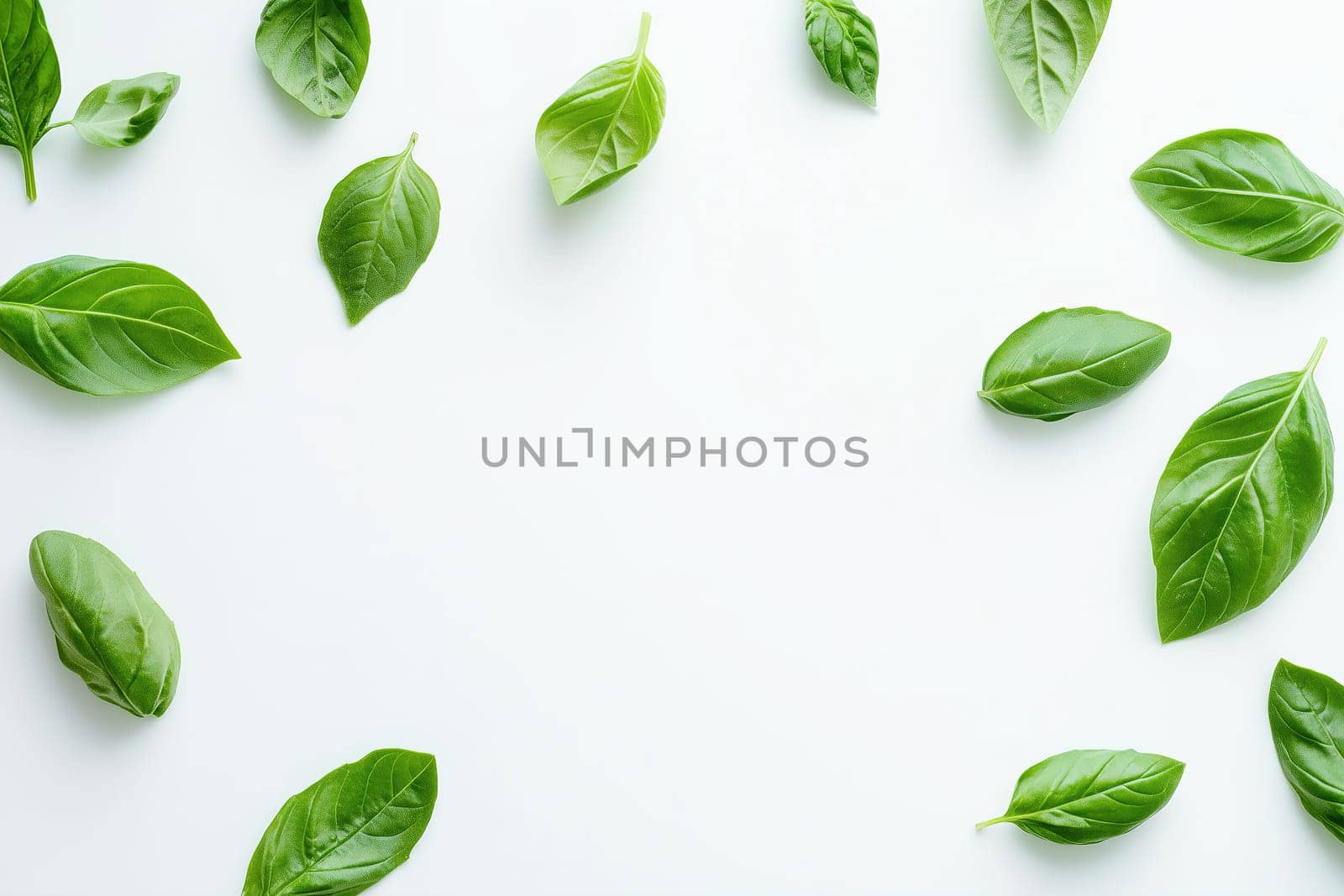 Bright green basil leaves are randomly arranged on a clean white background, adding a touch of freshness and vibrancy to any culinary space.