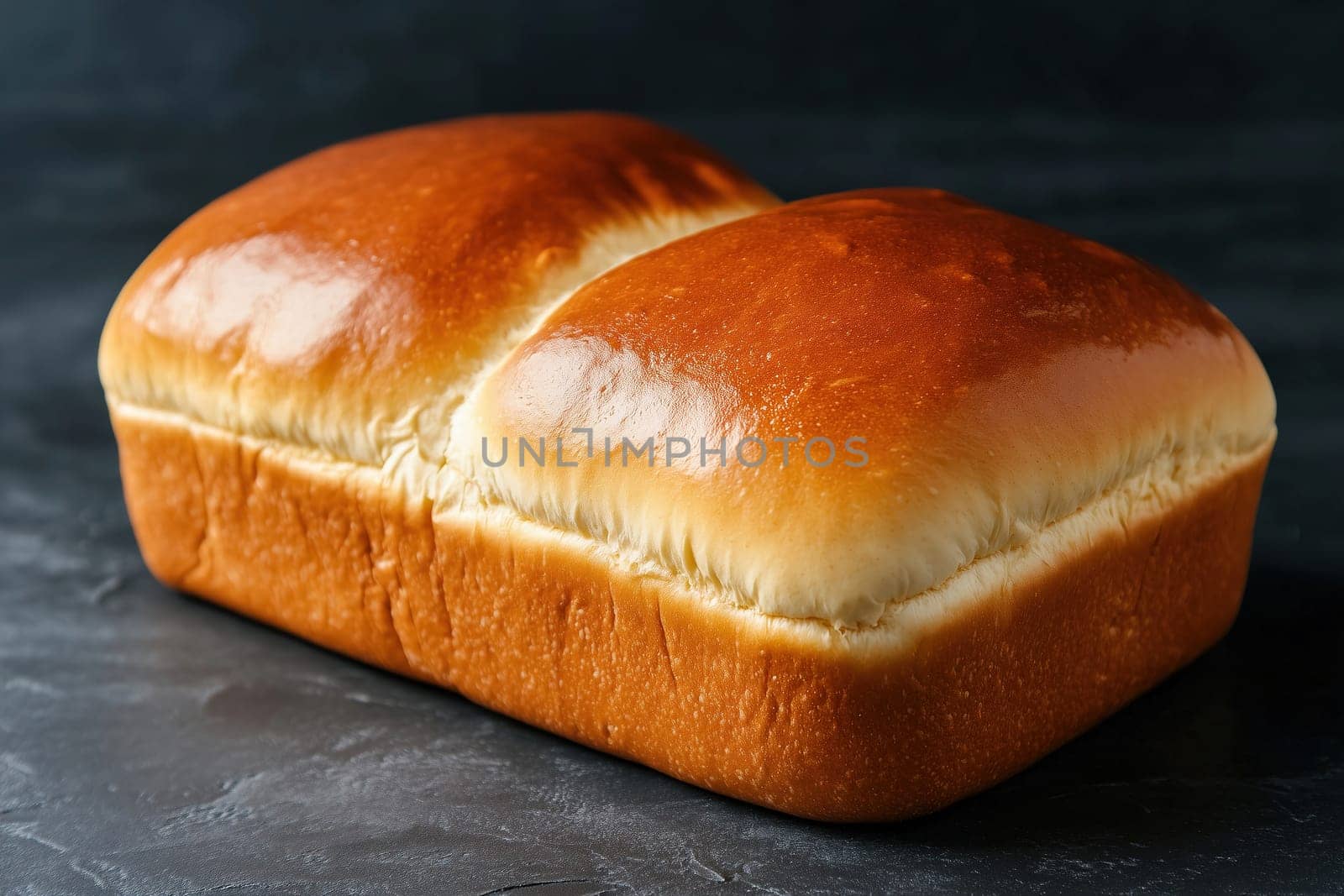 A golden-brown bread loaf sits on a dark surface, showcasing its shiny crust and soft, airy texture. It appears freshly baked, ready for slicing.