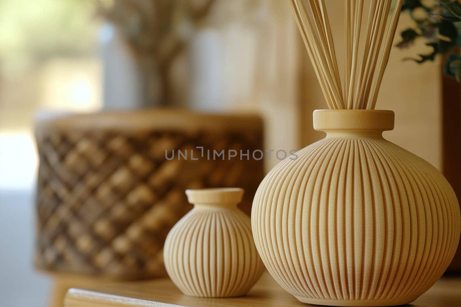 Two beautifully designed ribbed vases, one large and one small, feature reed diffusers, creating a serene atmosphere in a stylish minimalist home.