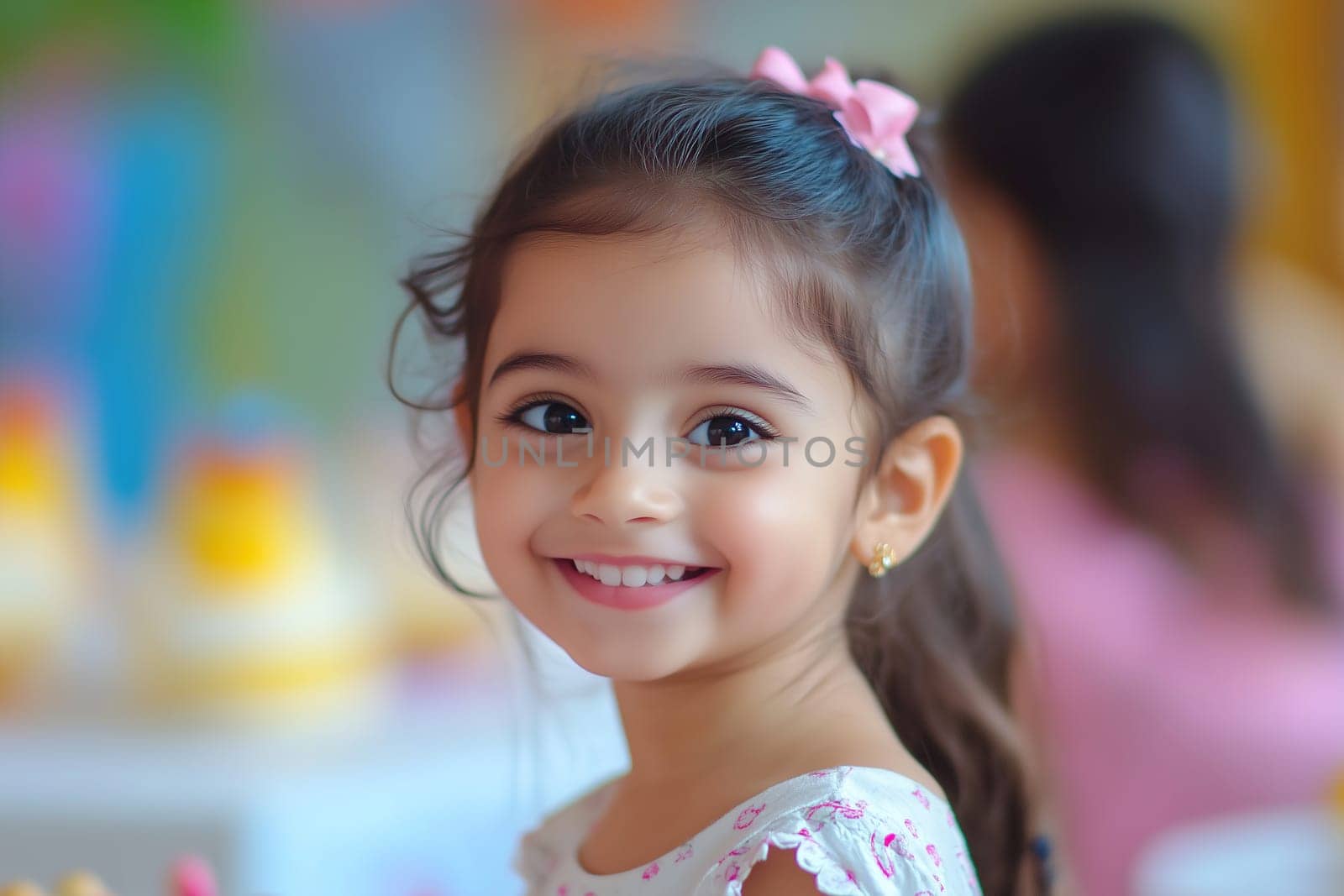 A joyful little girl with a pink bow in her hair beams at the camera during a vibrant birthday celebration filled with pastries and cheerful decorations.