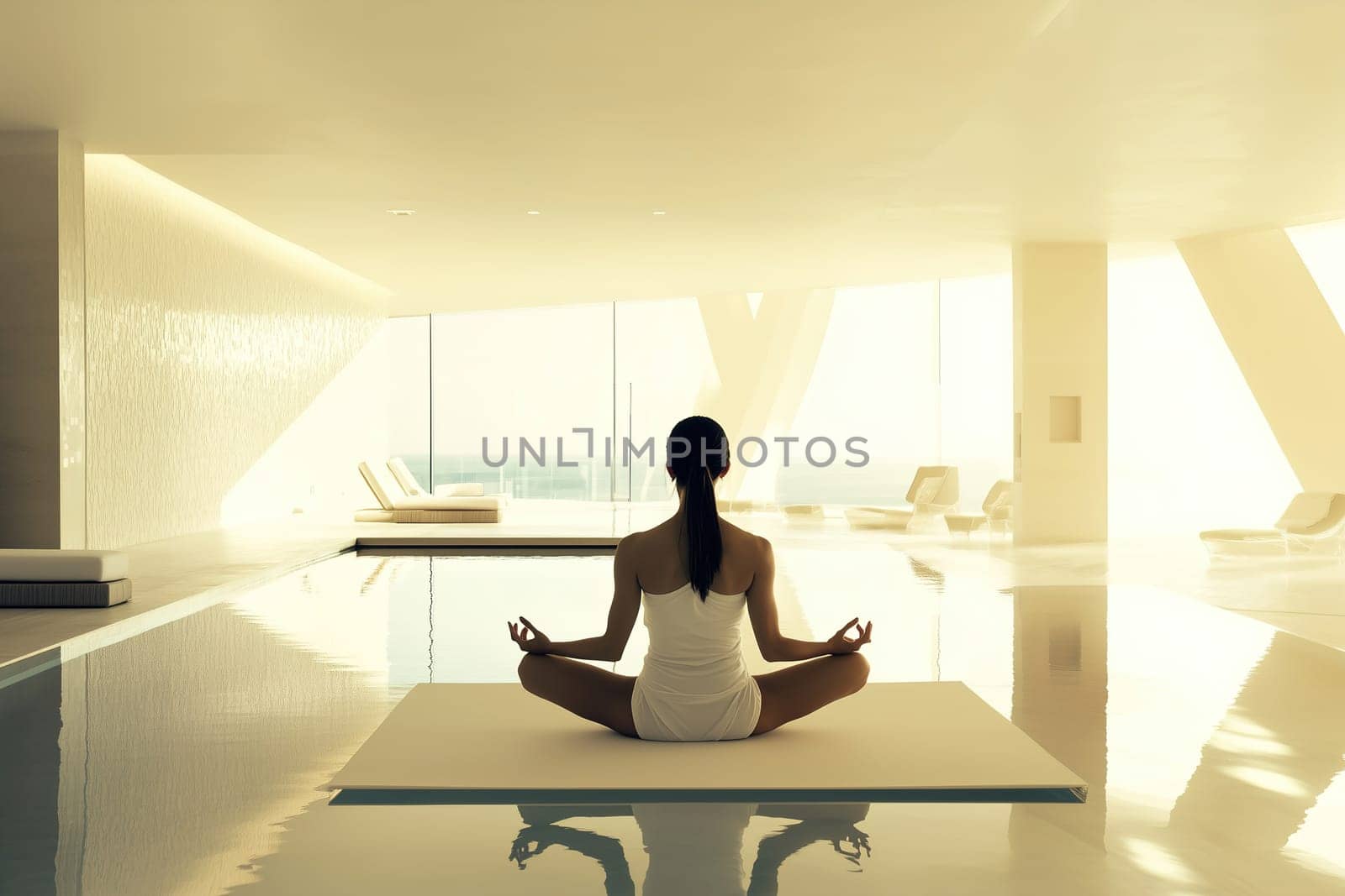 A person practices meditation by an indoor pool as morning light streams through large windows, creating a tranquil atmosphere. The calm waters reflect the peaceful setting.