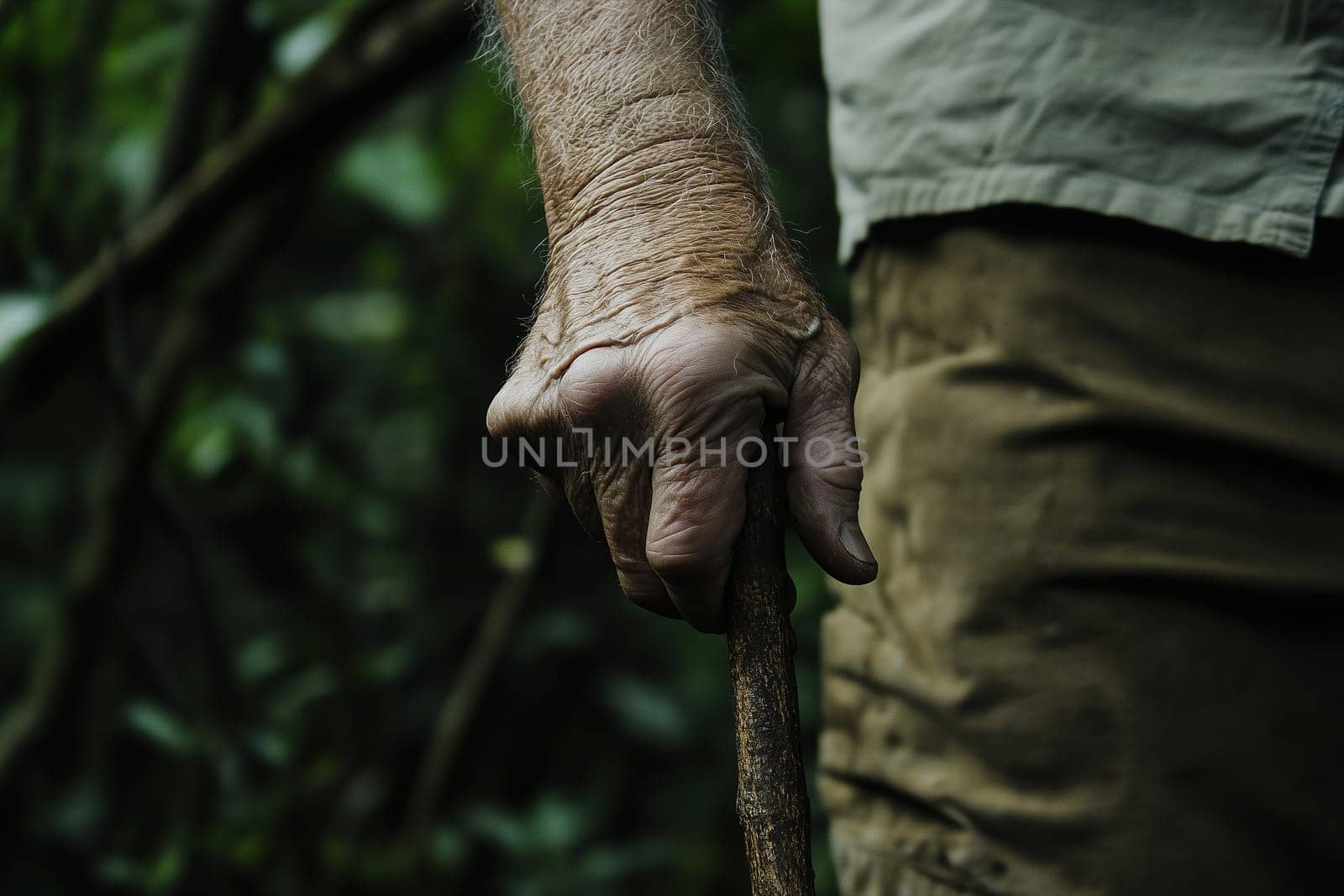 An older individual holds a thick stick tightly, surrounded by vibrant green foliage in a dense forest. The hand shows signs of age, symbolizing strength and resilience in nature.