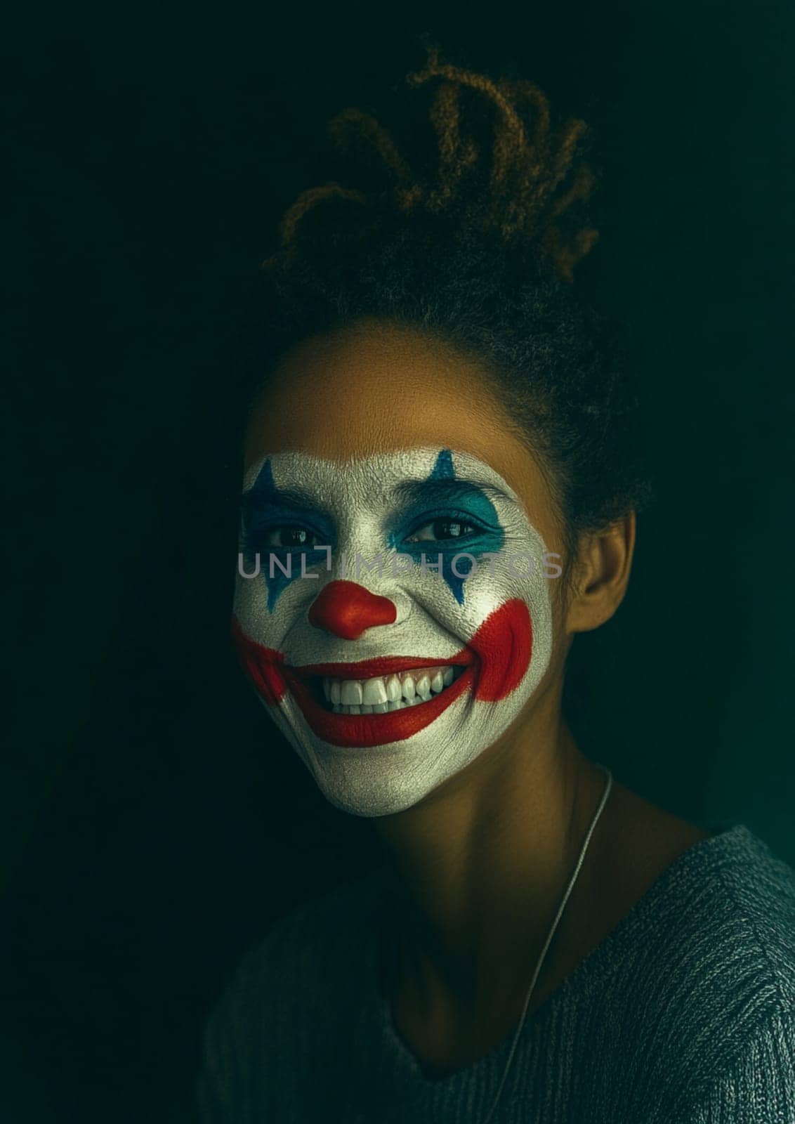 Young woman with dreadlocks happily wears clown makeup against a dark backdrop, creating a funny and slightly eerie atmosphere perfect for halloween or carnival projects