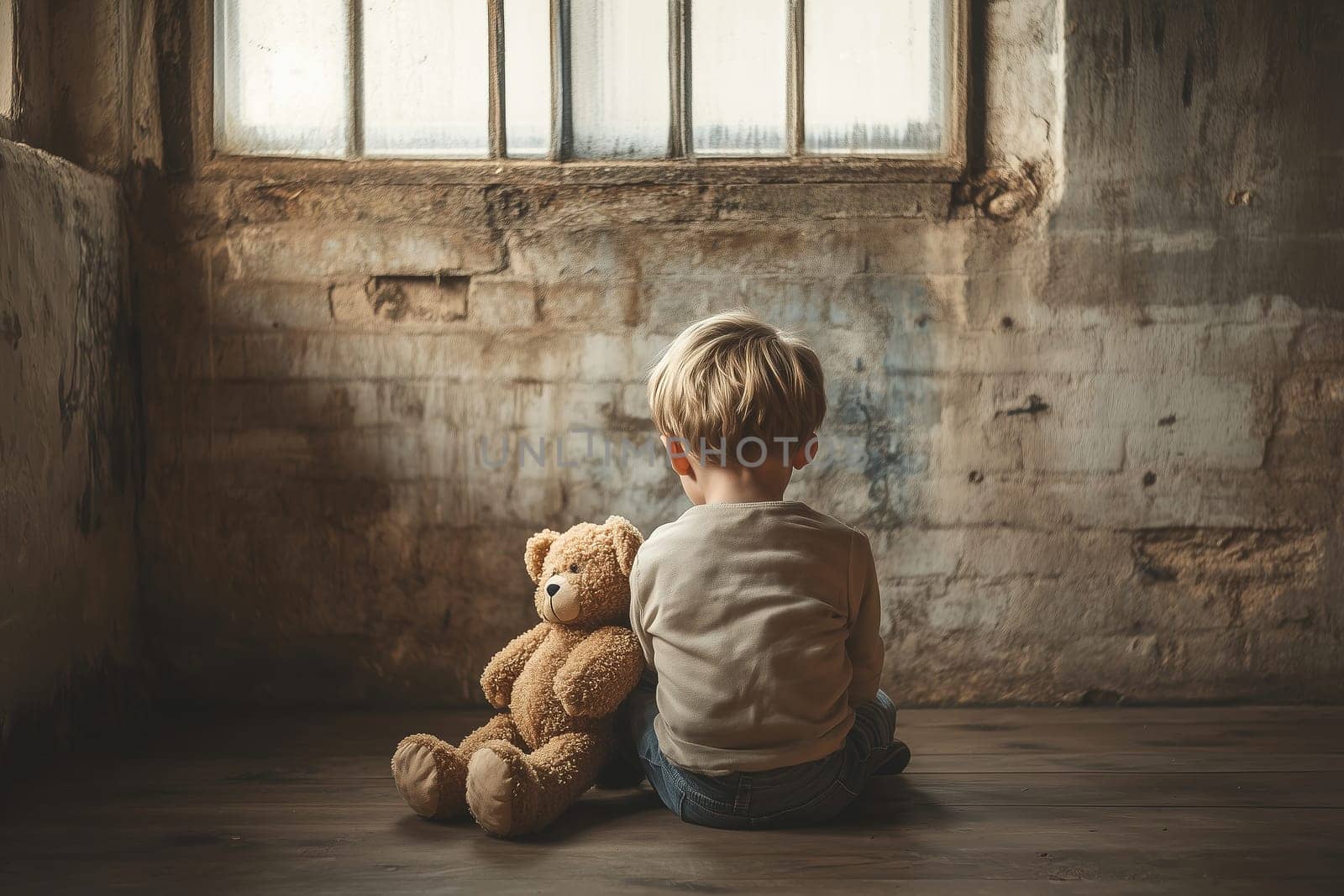 In a sunlit room, a young boy quietly sits against a weathered wall, holding a teddy bear close, lost in his own thoughts during the afternoon.