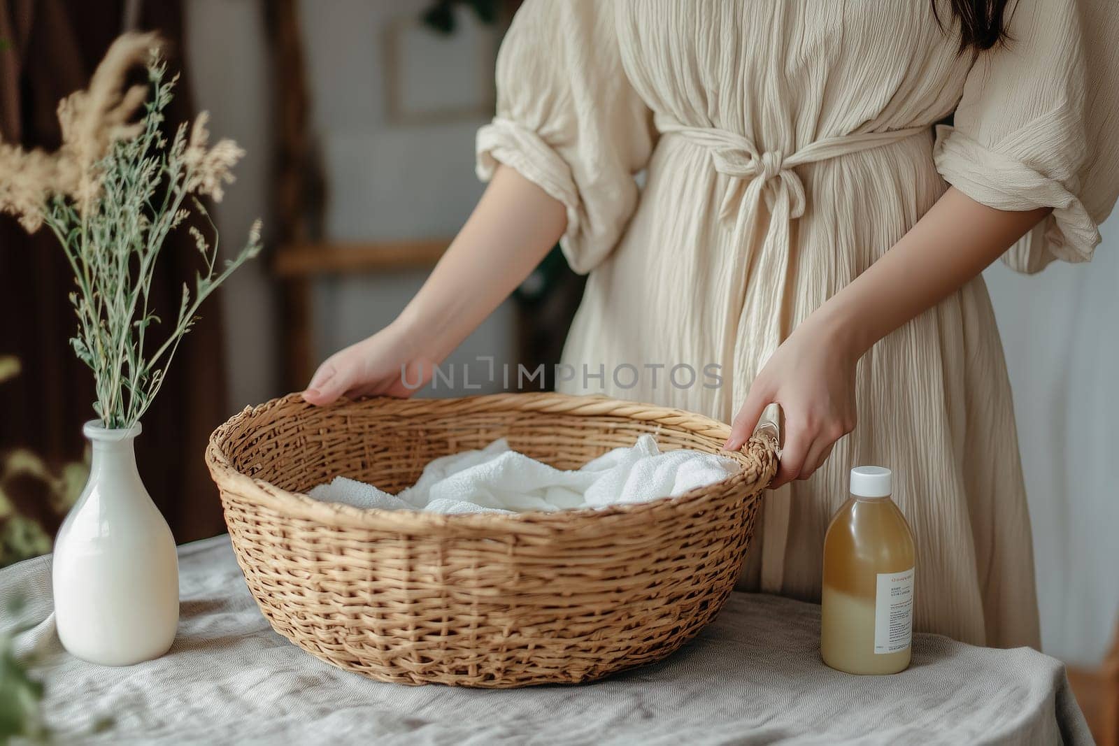 A woman in a flowing beige dress gently lifts a handcrafted wicker basket filled with freshly laundered clothes. The cozy environment features soft lighting, a vase of flowers, and a bottle nearby.