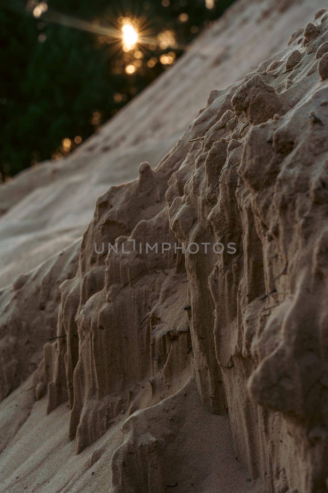 A close-up view of a textured sand formation on a dune, illuminated by warm sunset light, capturing natural patterns and the serene beauty of coastal erosion in a peaceful setting
