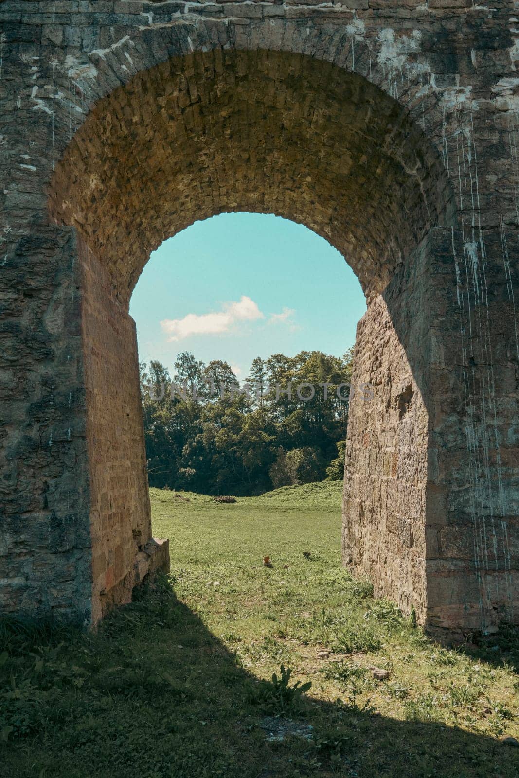 An old stone archway framing a peaceful view of a green meadow with trees in the background. The scene combines historic architecture with natural beauty in a tranquil setting