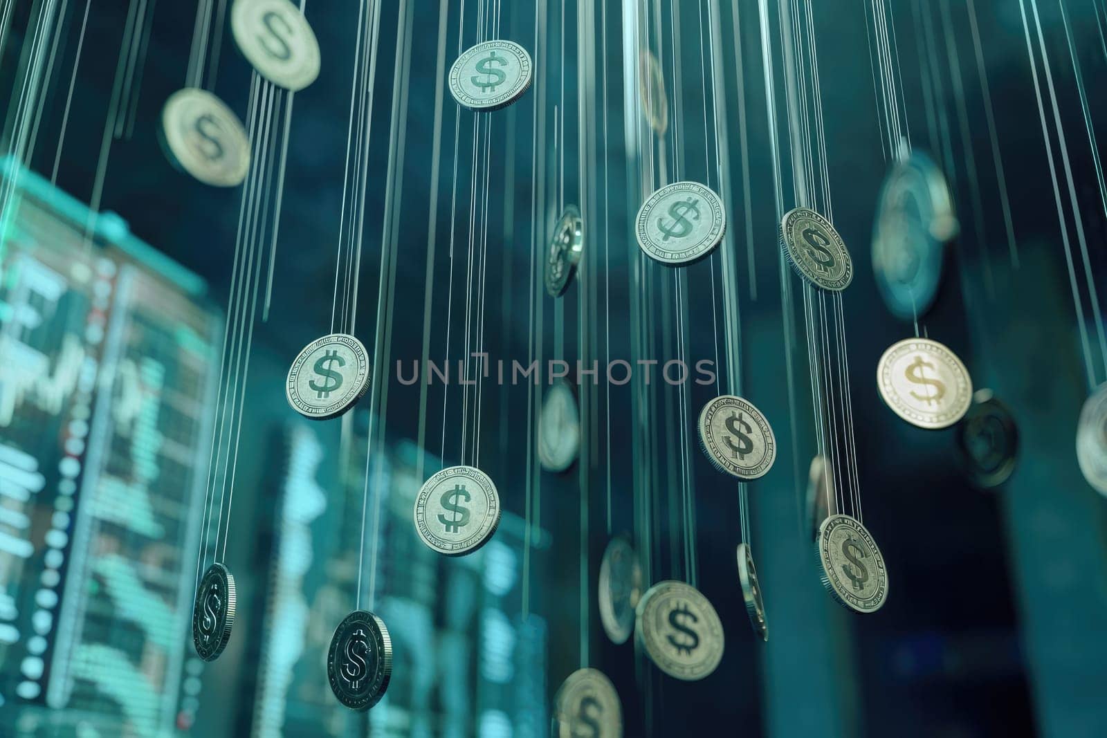 A captivating image showcasing digital coins suspended in a high-tech setting, representing concepts of wealth, investment, and modern finance in a contemporary economic environment.