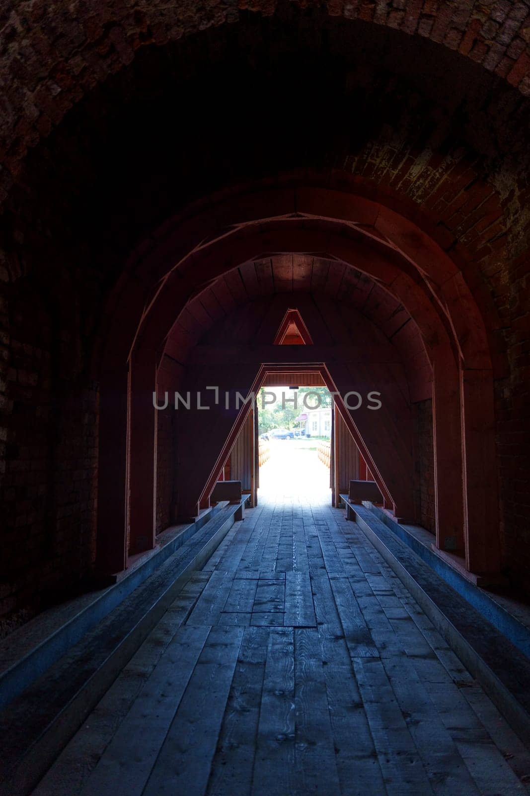 Interior view of a dark, arched passageway in an ancient stone structure, leading toward an opening filled with daylight. The scene captures a mysterious and historic atmosphere