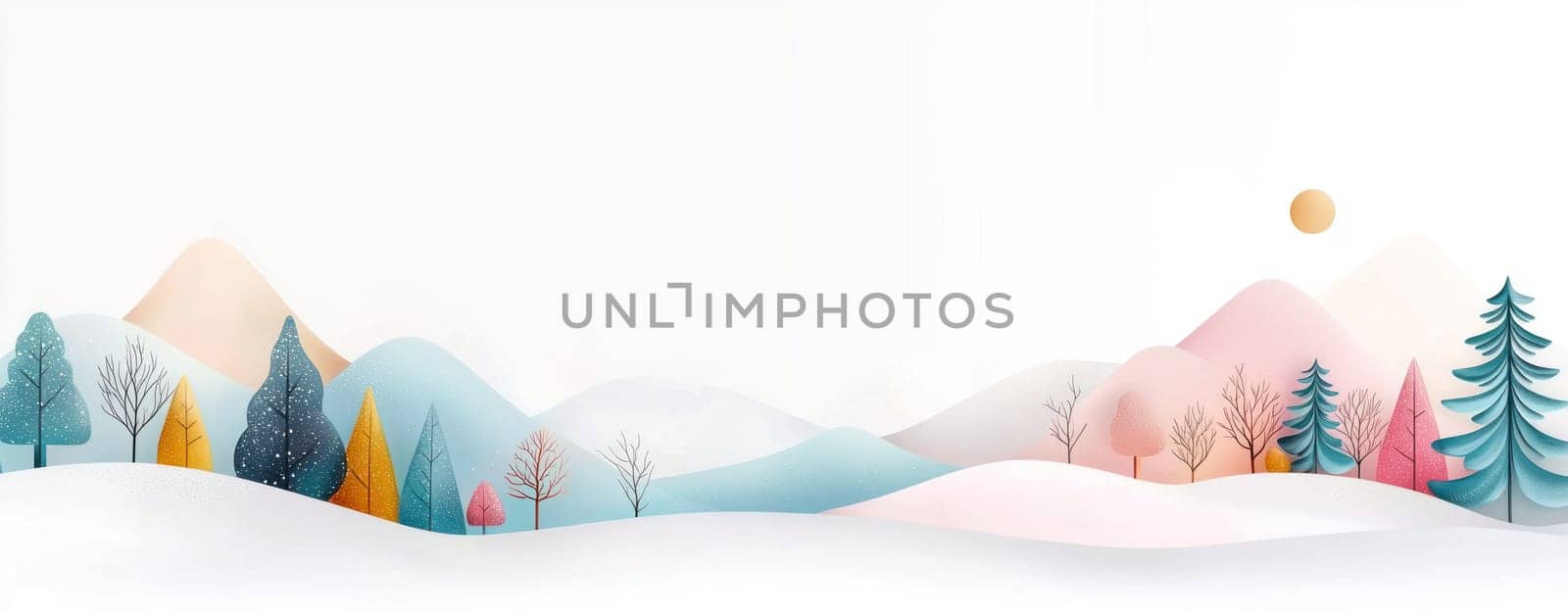 Winter landscape with abstract mountains, trees, and soft colors.