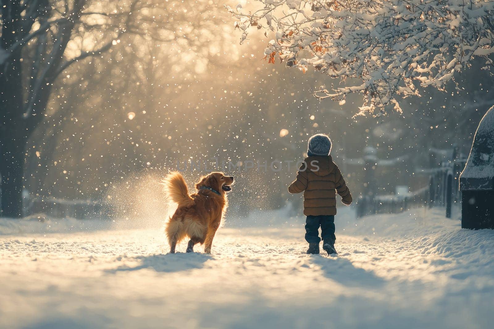 A heartwarming scene of a child and a golden retriever enjoying a snowy day, surrounded by gentle sunlight and falling snowflakes, capturing the essence of winter joy and companionship.