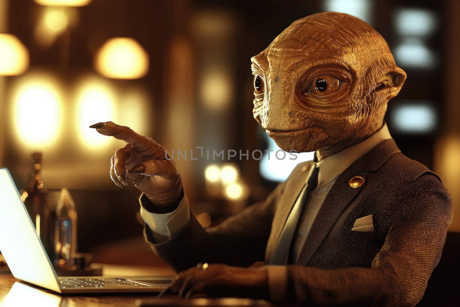 A captivating creature in a stylish suit interacts with a laptop in a cozy cafe, blending futuristic design with warm ambiance, evoking intrigue and creativity.