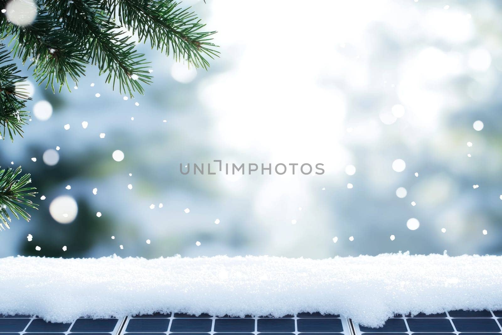 Snow covered solar panels in serene winter landscape with pine branches.