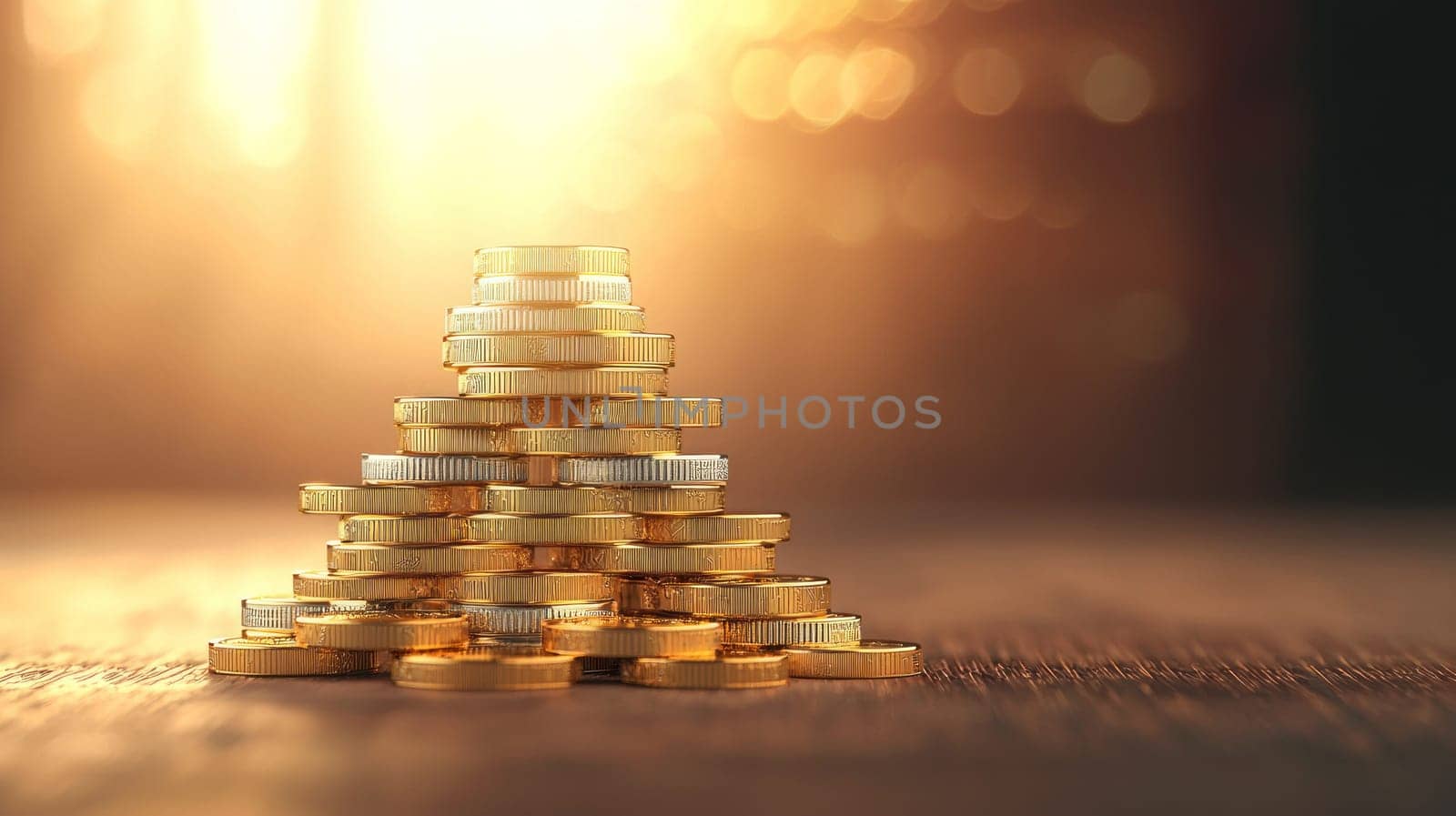 stack of gold and silver coins glimmers in warm light, symbolizing wealth and prosperity.