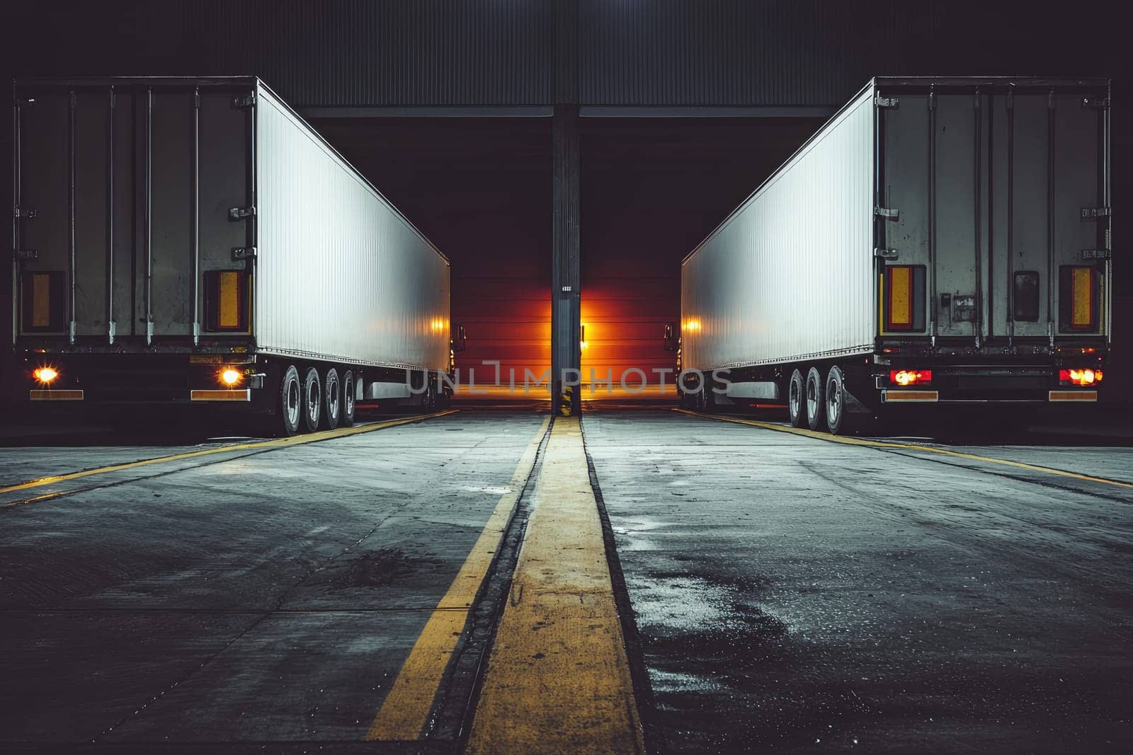 Cargo trucks parked in a warehouse, illuminated by warm light. The dramatic scene captures the essence of night transport logistics in an industrial setting.