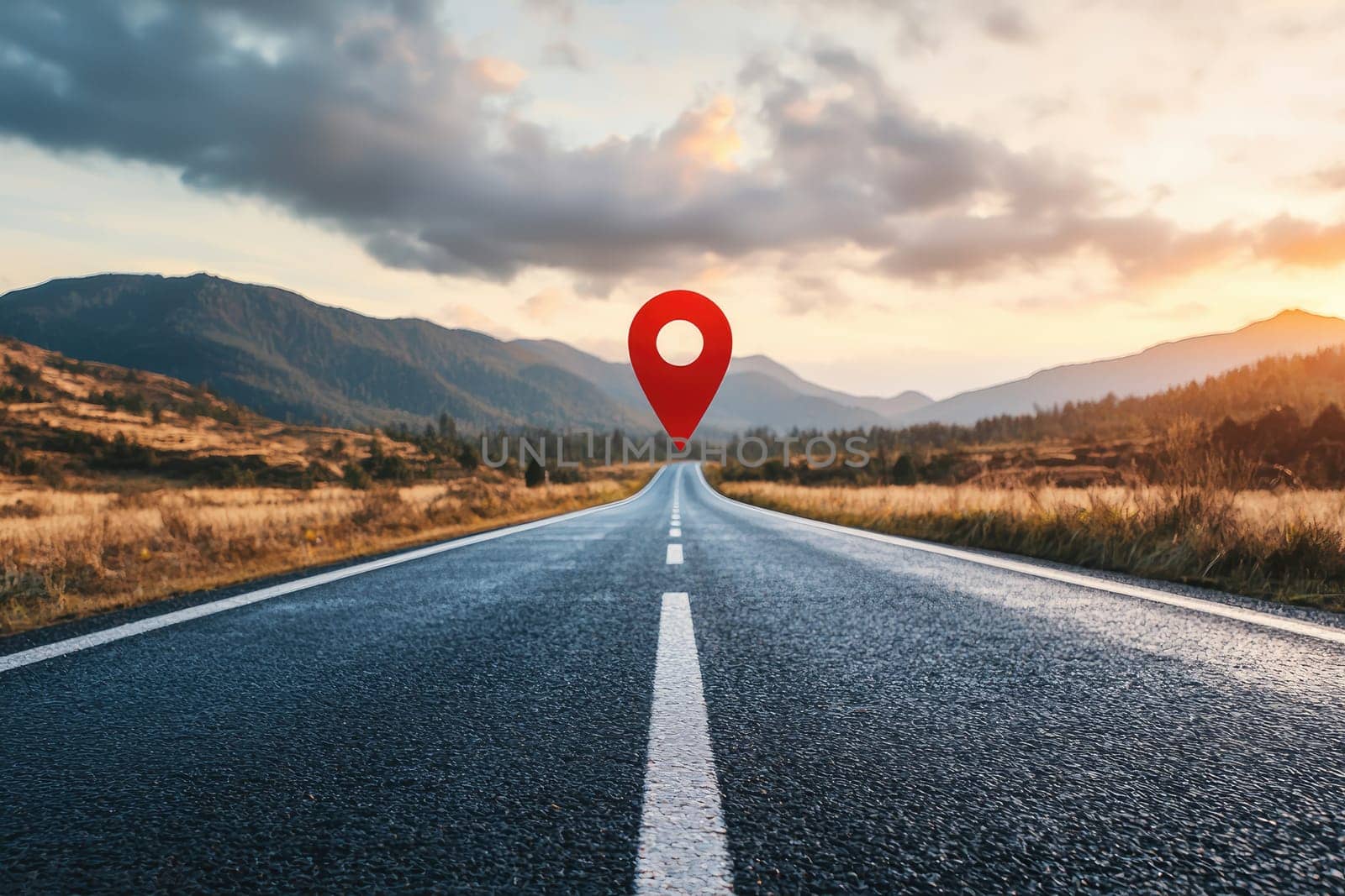 A captivating image depicting an open road with a vibrant location pin, under a stunning sunset, surrounded by mountains and nature's beauty, inviting exploration and adventure.