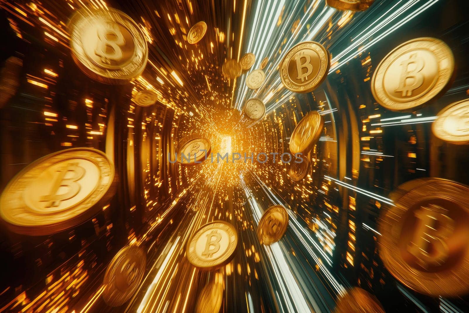 Captivating visual featuring Bitcoin coins bursting through a vibrant digital tunnel, symbolizing the dynamic world of cryptocurrency and its revolutionary impact on finance.