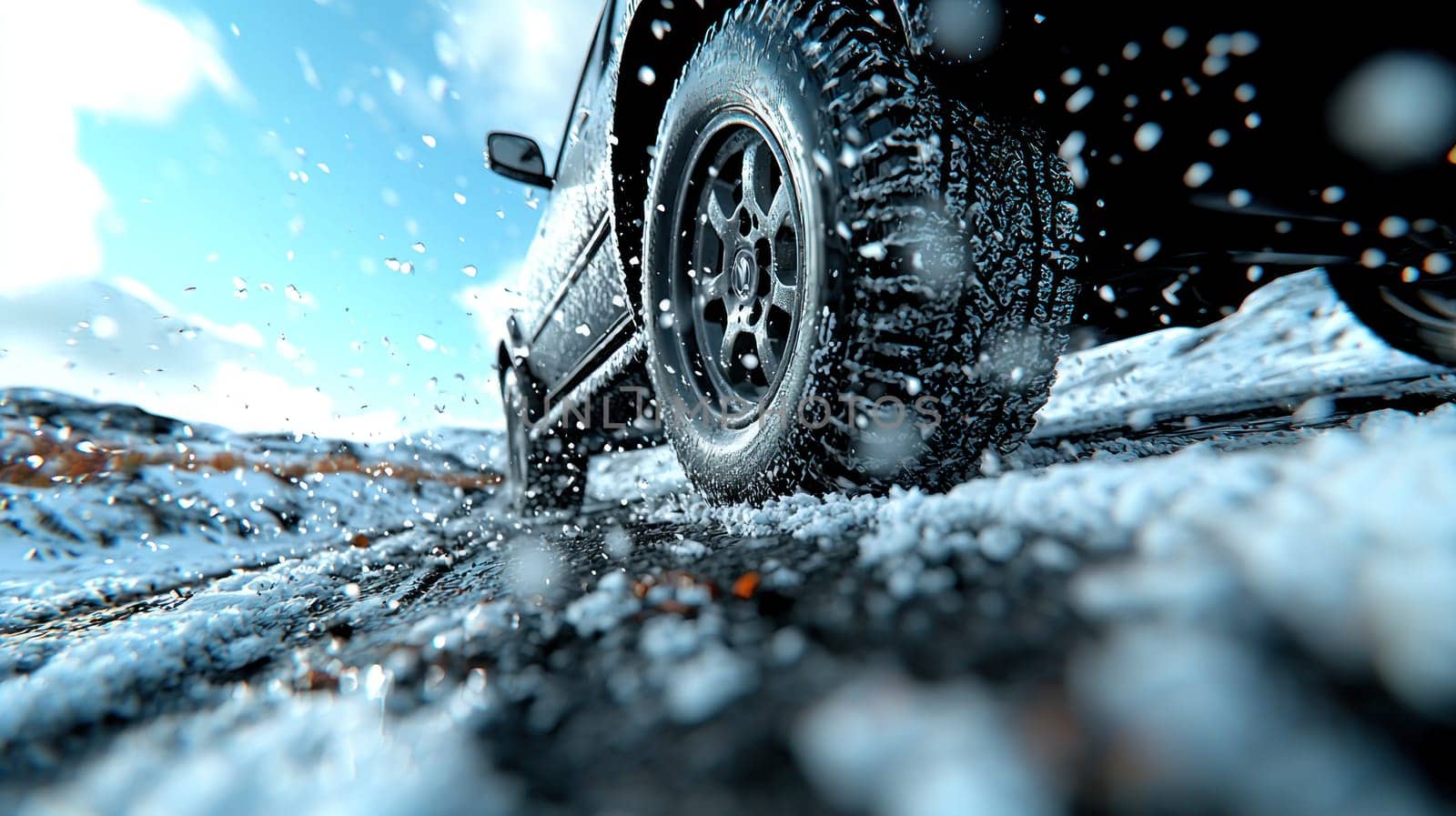 car on snowy road with studless tires, showcasing winter driving.