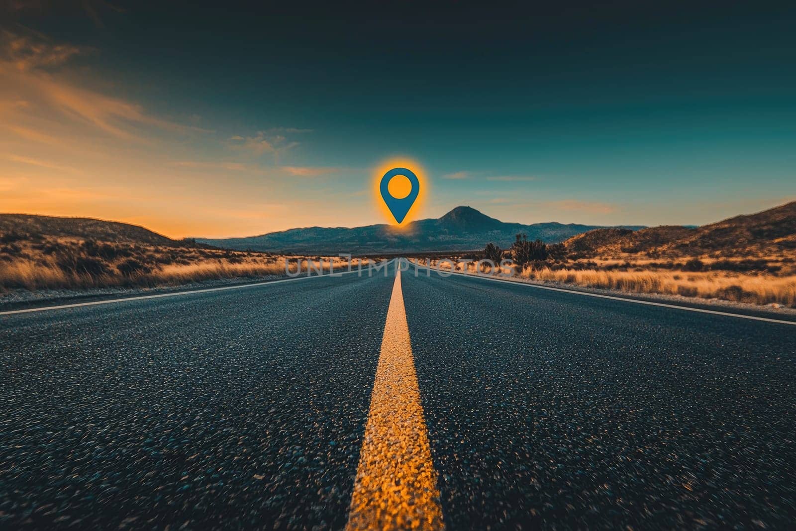 A captivating scenic view of an empty road leading towards majestic mountains at sunset, enhanced with a location marker, symbolizing adventure and exploration.