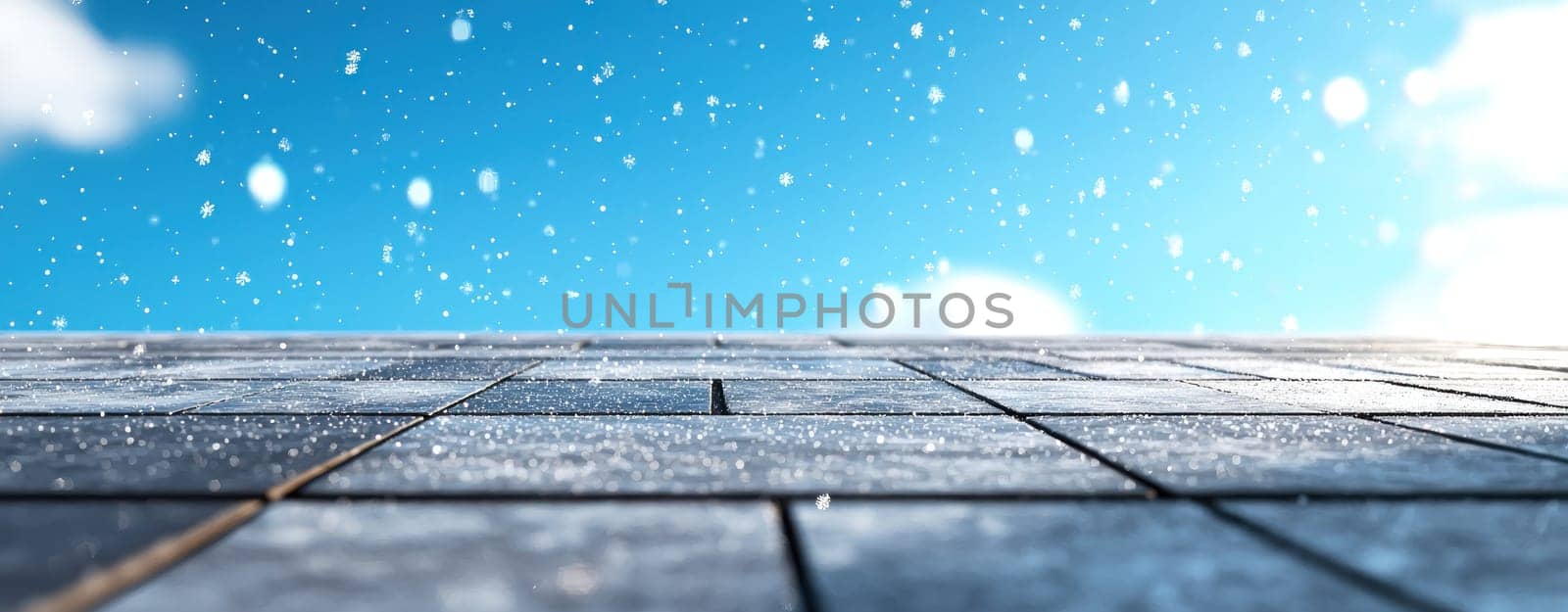 Snow gently falling on rooftop under bright blue sky.
