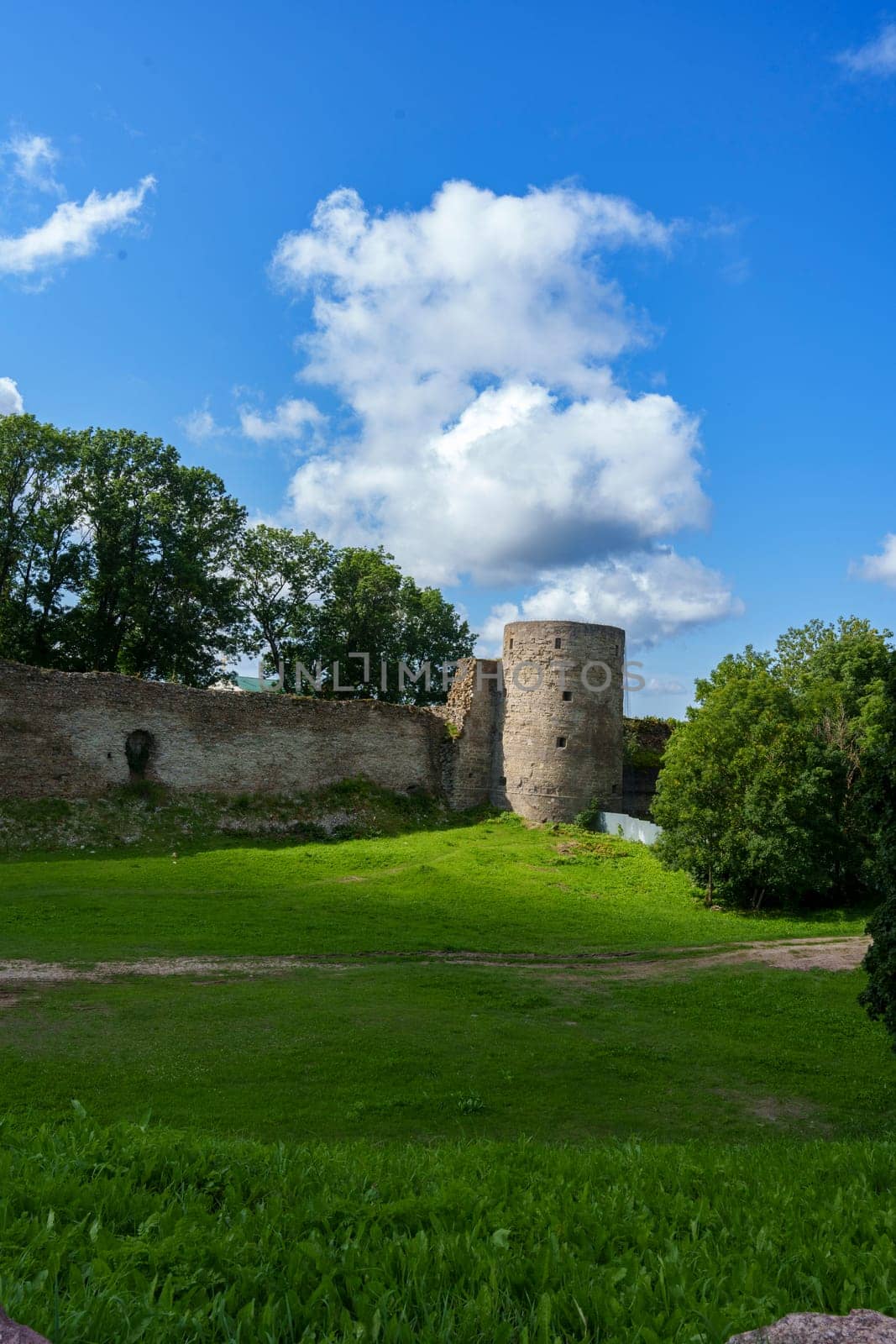 A medieval stone fortress with a tall round tower and extensive walls, set against a clear blue sky. The structure stands on a grassy area, evoking historical significance and rustic charm