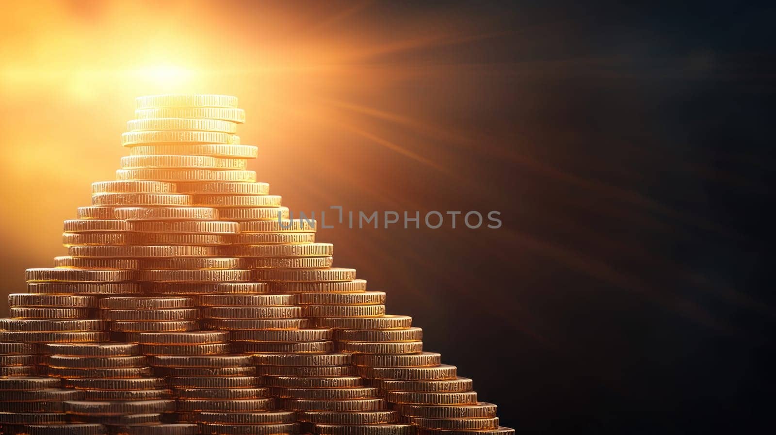 stunning display of stacked gold and silver coins radiating light, symbolizing wealth and.