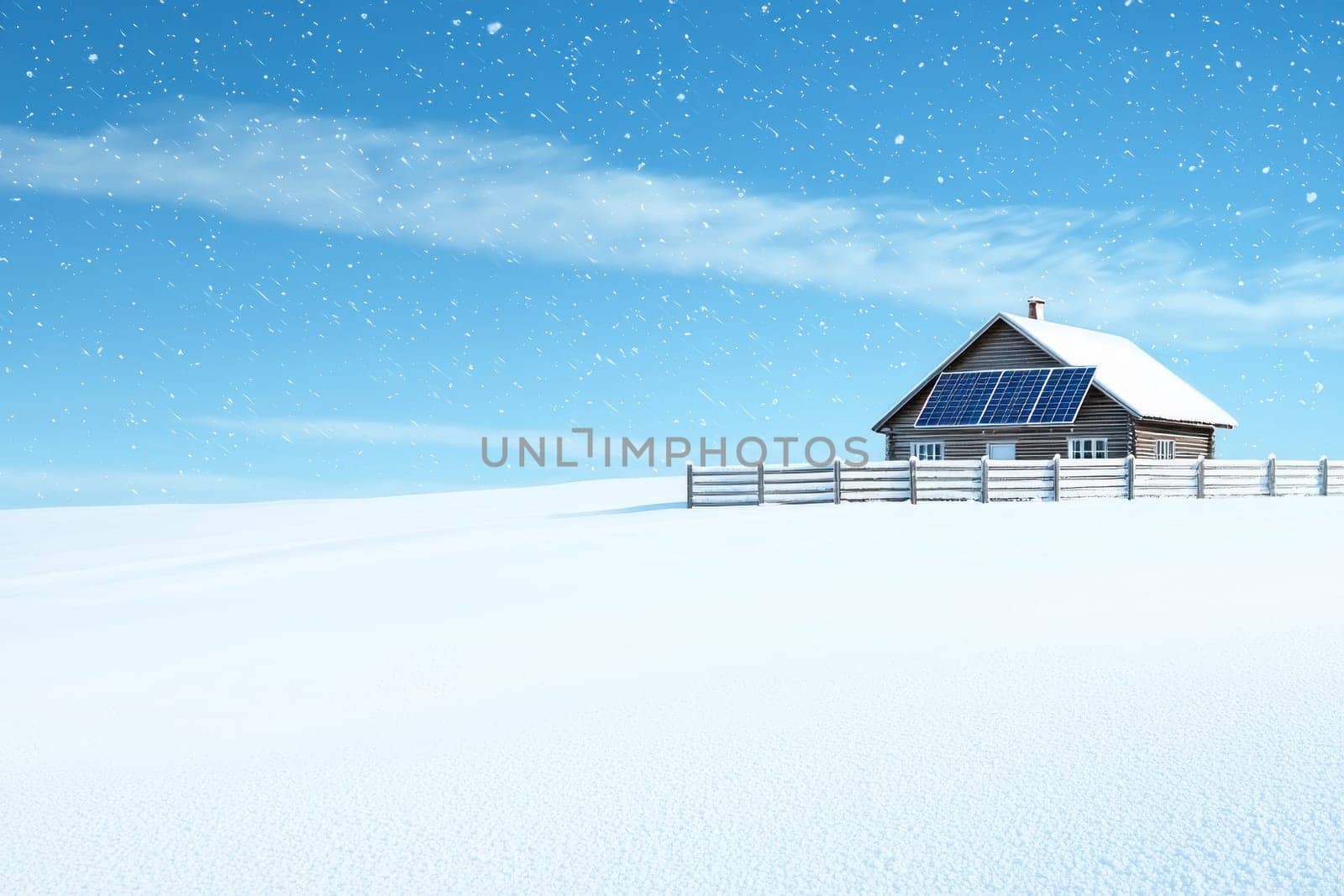serene winter scene featuring house with solar panels surrounded by snow.