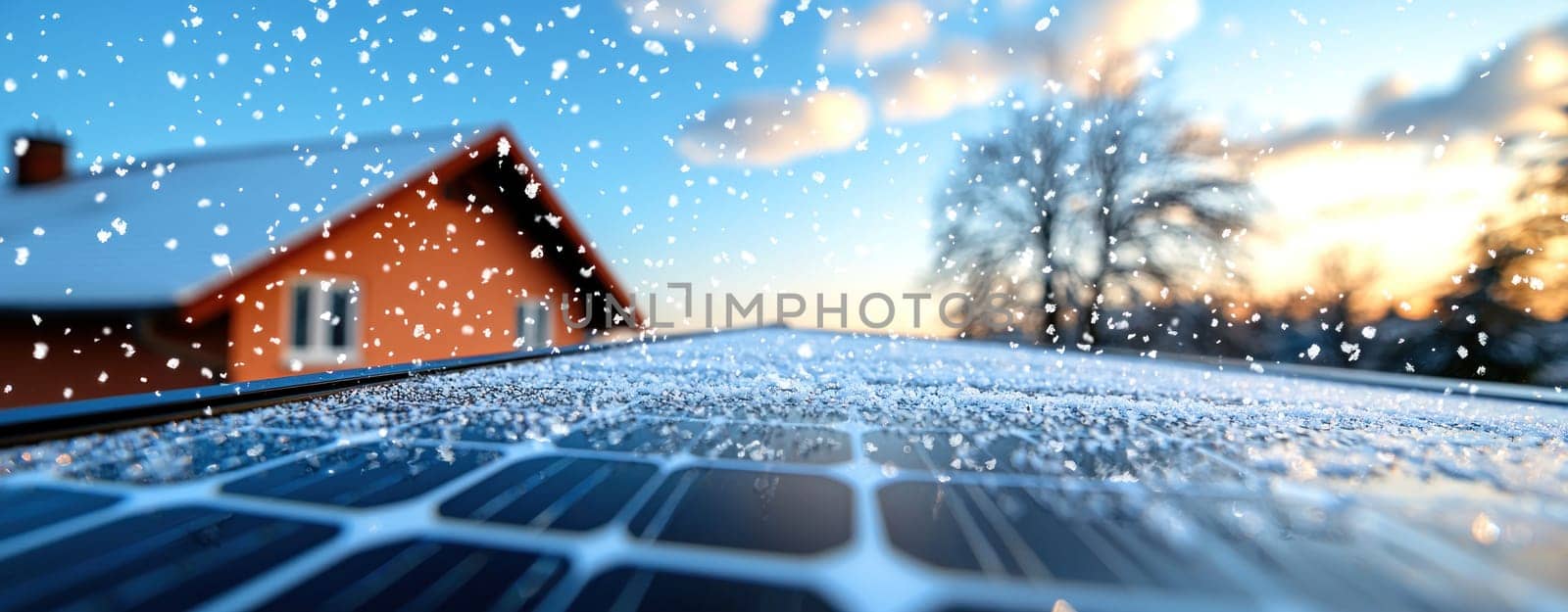 Snow lightly dusting solar panels on rooftop at sunset.