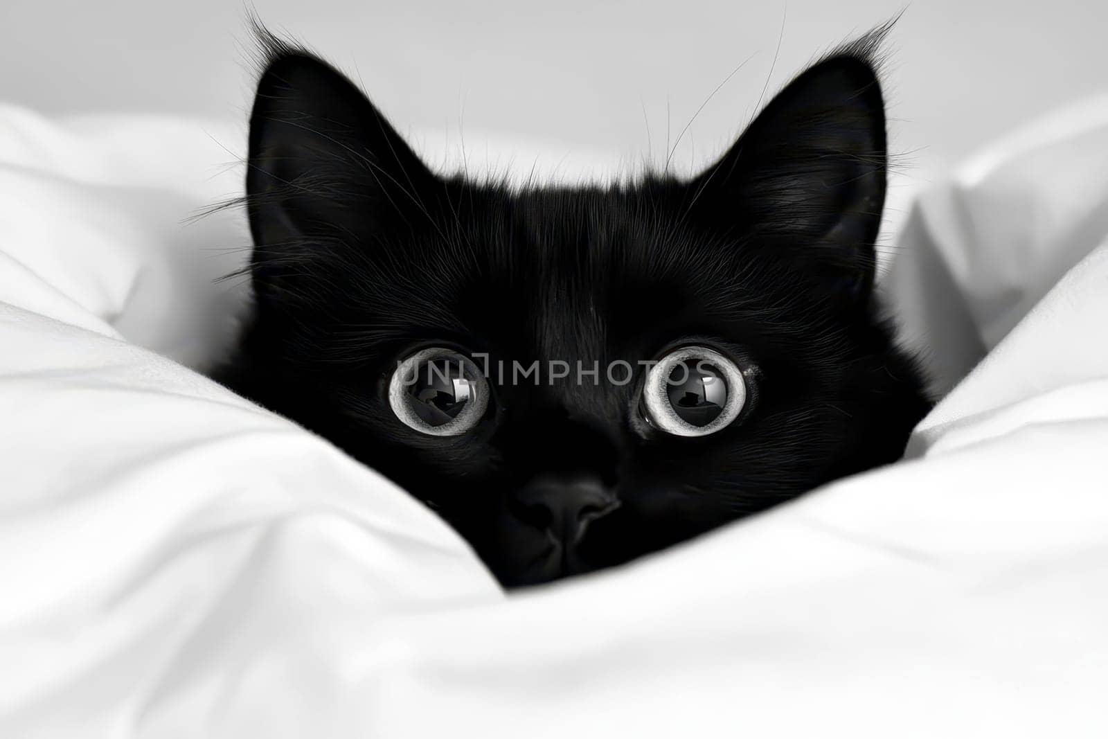 A black cat cautiously peeks out from under a cozy blanket on a chilly day..