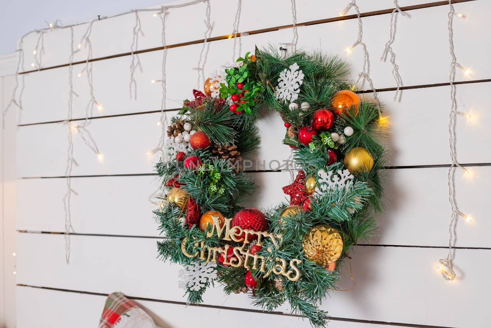 Winter Xmas Hygge home decor. Festive cozy bedroom in Skandinavian style