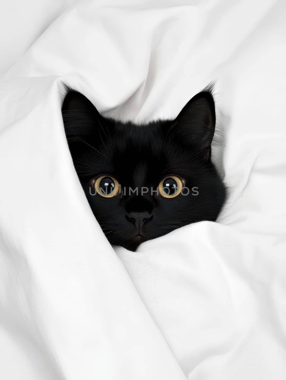 A black cat cautiously peeks out from under a cozy blanket on a chilly day..