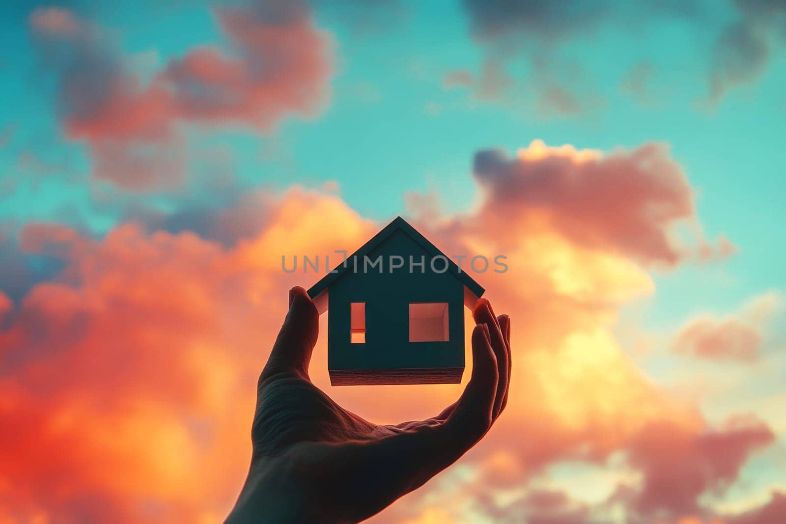 Hand holding 3d house model against cloudy sky background. Conceptual home ownership in open hands..