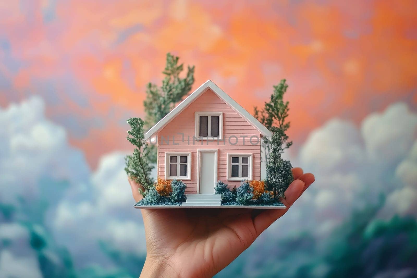 Hand holding 3d house model against cloudy sky background. Conceptual home ownership in open hands..