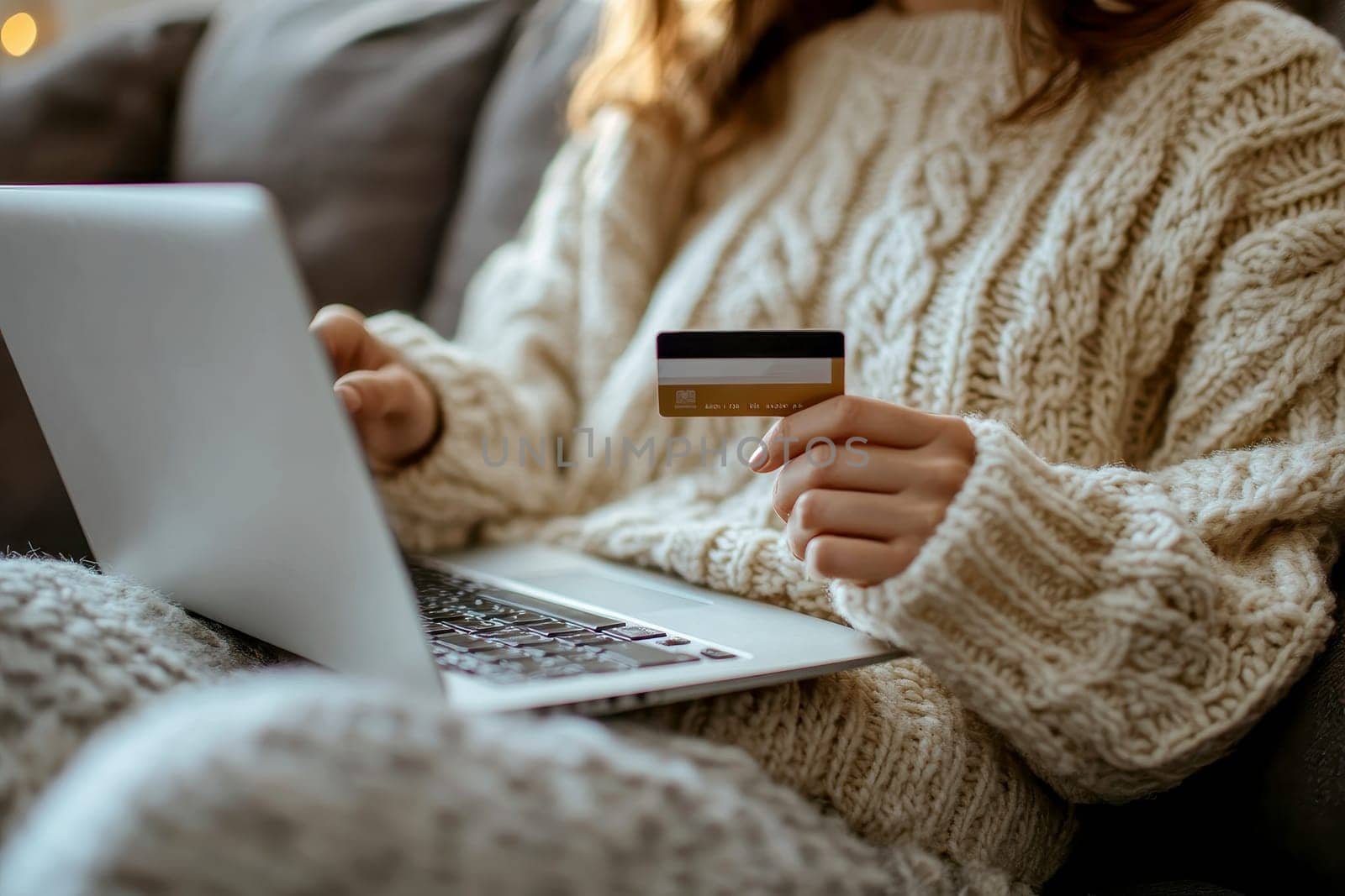a woman makes a purchase on the Internet on the computer with credit card. High quality illustration