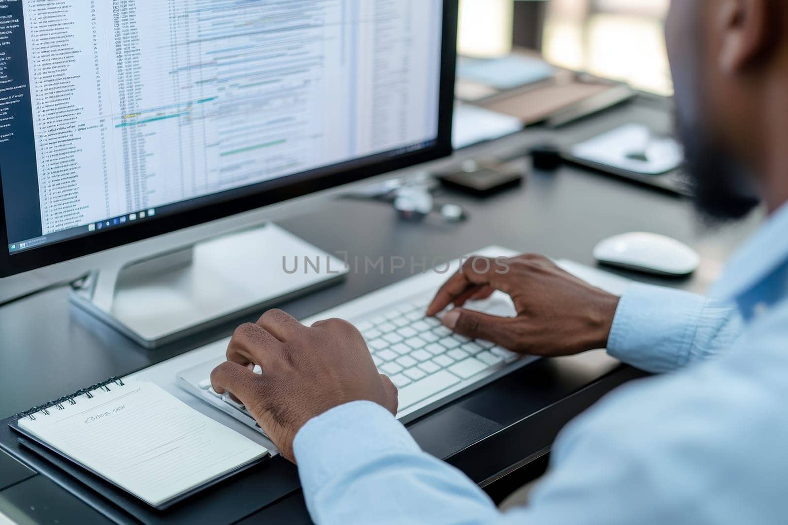Closeup of man working at a desk with a computer monitor. ai generative.