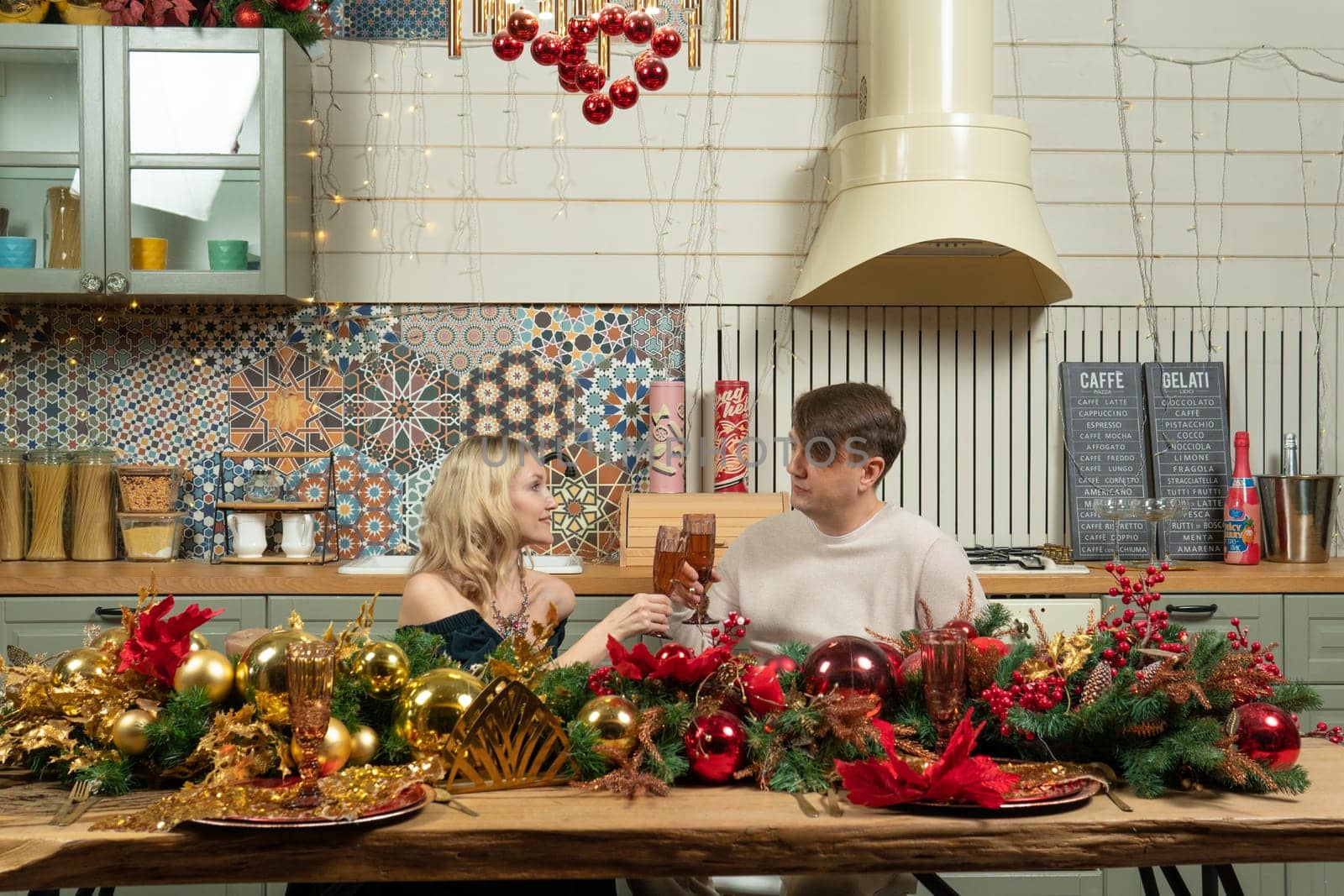 family kitchen woman wife romantic christmas love home couple relationship man husband caucasian