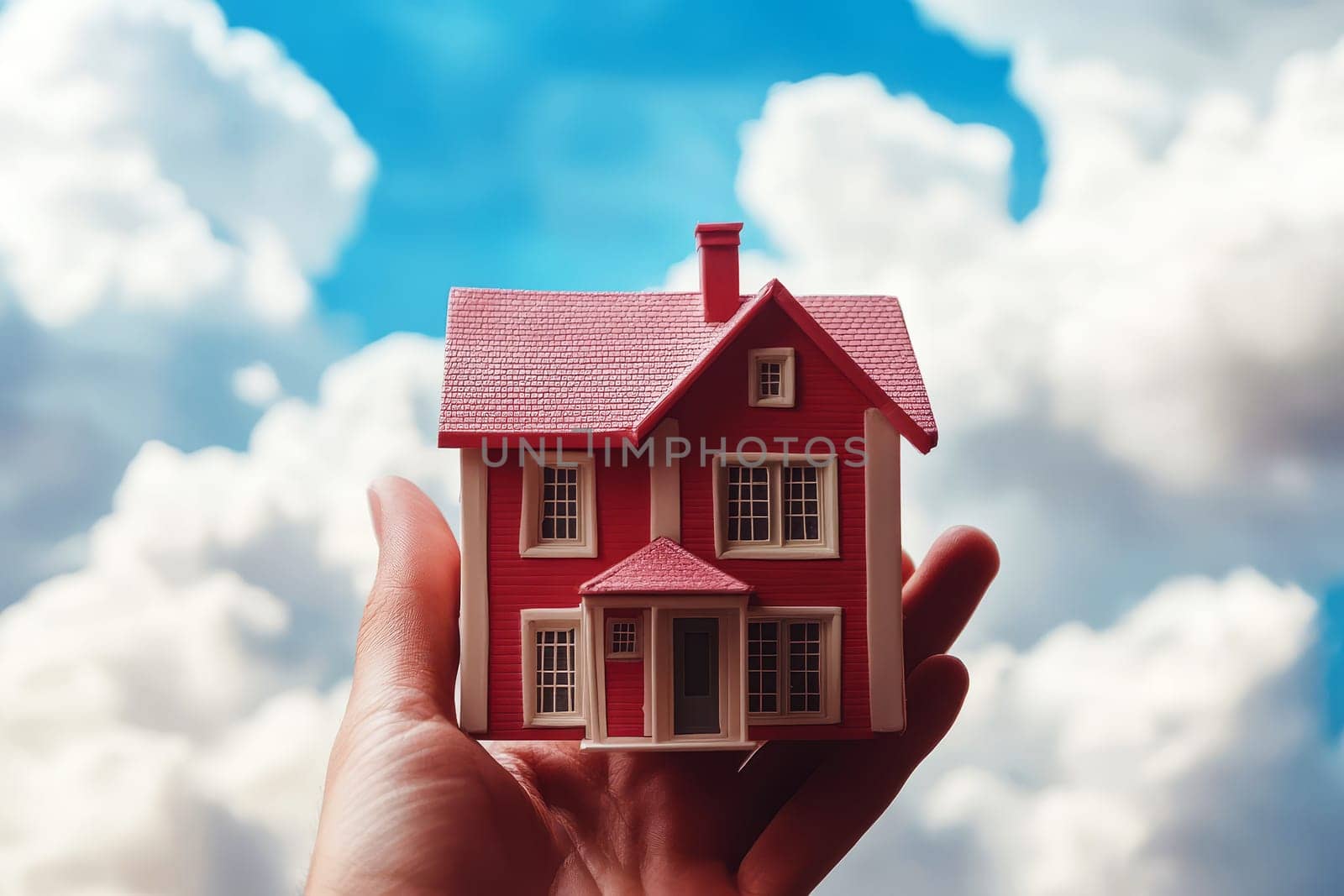 Hand holding 3d house model against cloudy sky background , minimalist asset property montage for rent concept --ar 3:2 --v 6.1 Job ID: 29d02af4-4dd5-46e6-8977-6140e1f00c23