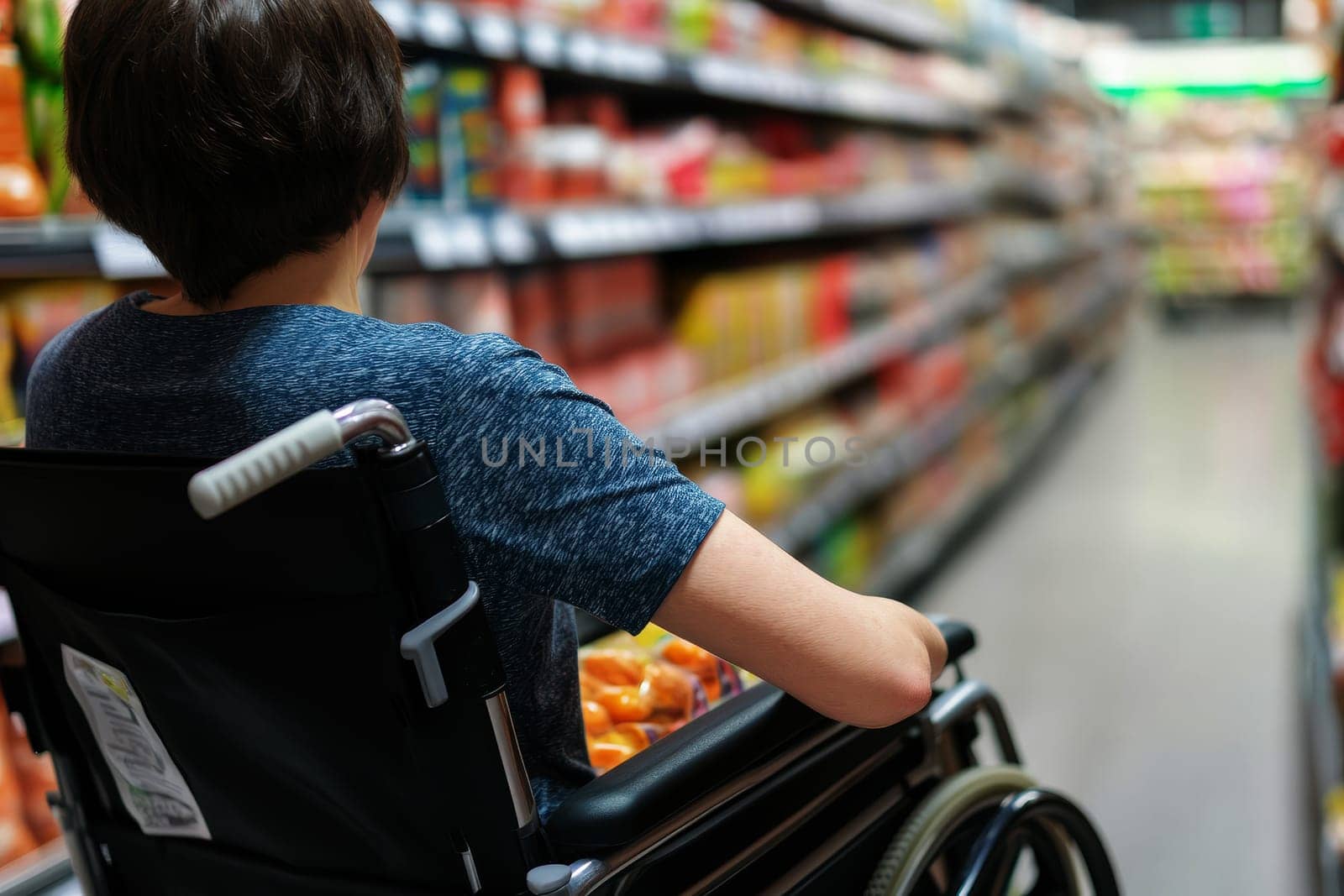 rear crop shot A person hand mobility issue is sitting in a wheelchair, wearing a t-shirt. The person is shopping in a supermarket --ar 3:2 --style raw --stylize 20 --v 6.1 Job ID: 7f0b41ec-7614-4fc2-9e4a-cf7bfc917a1d