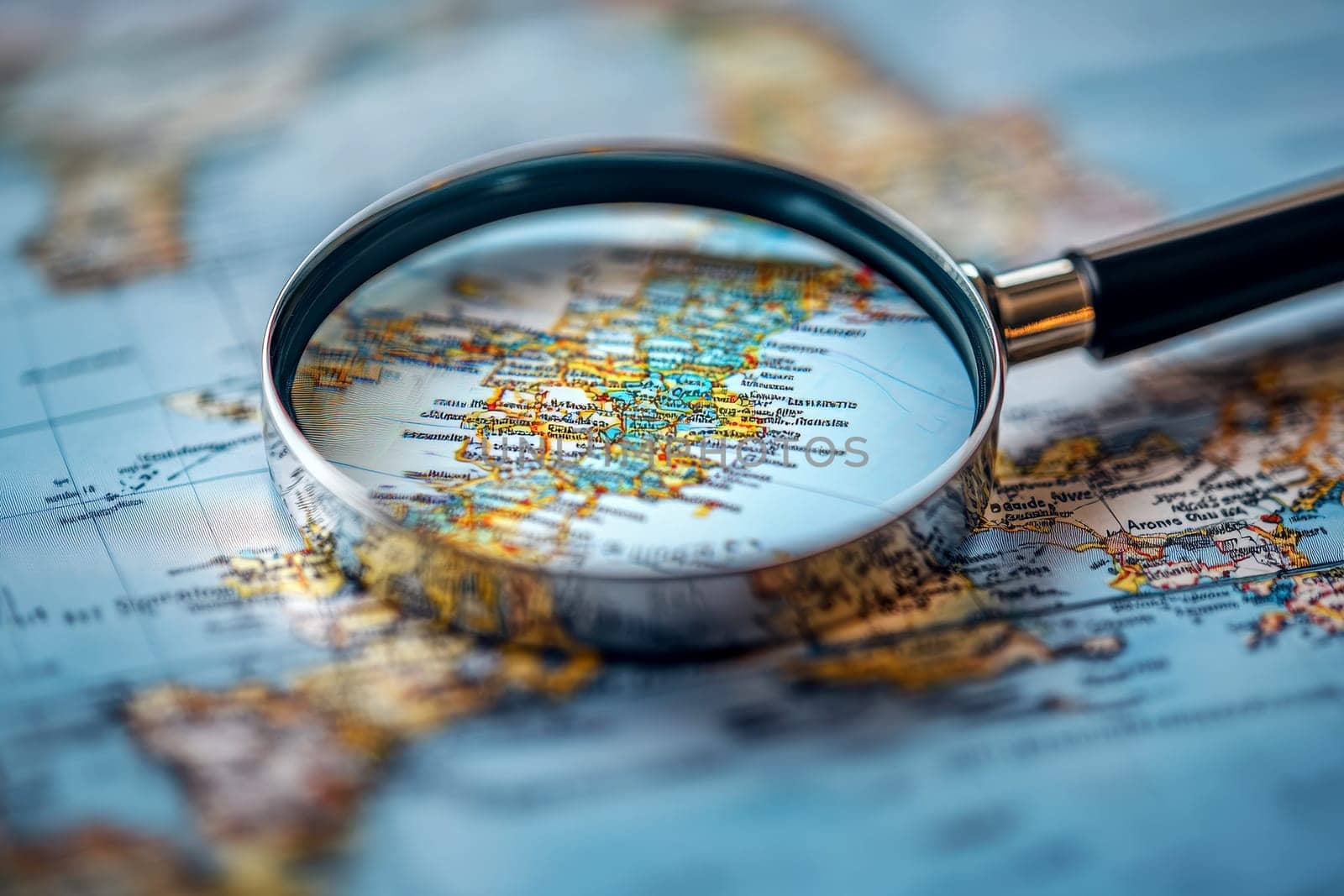 a magnifying glass focusing on map. ai generative.