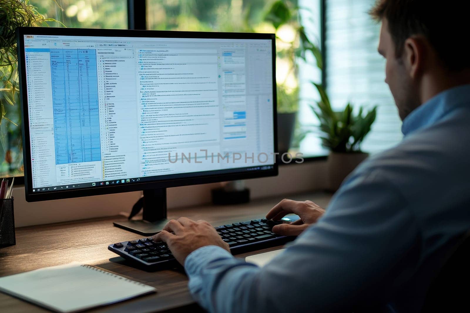 Closeup of man working at a desk with a computer monitor. ai generative.