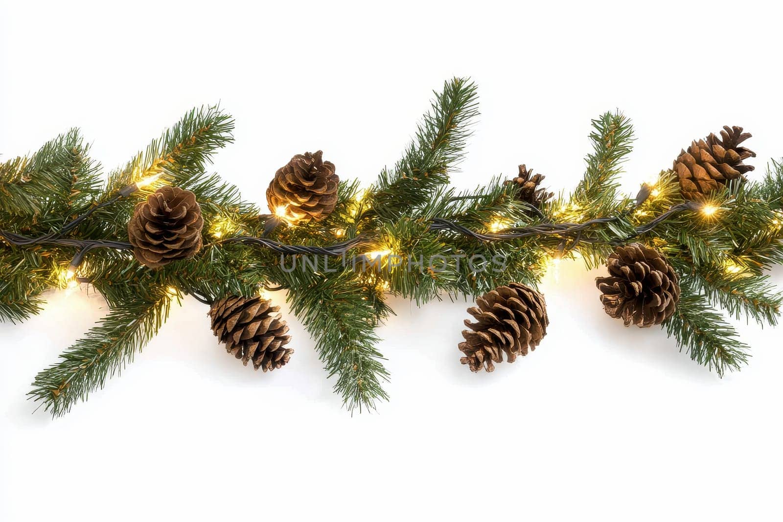 Christmas tree branch garland with cones and lights. Isolated white background --ar 3:2 --v 6.1 Job ID: caab490e-762a-4417-9744-daac08d2c460