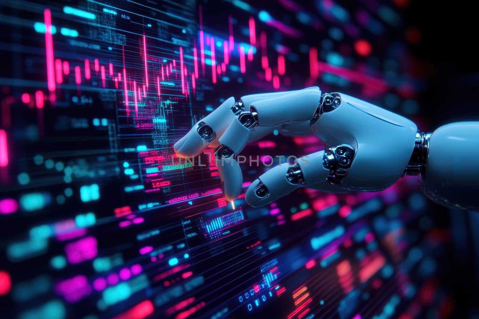 A robotic hand interacts with a futuristic digital interface, analyzing data and charts with a glowing blue screen in the background..