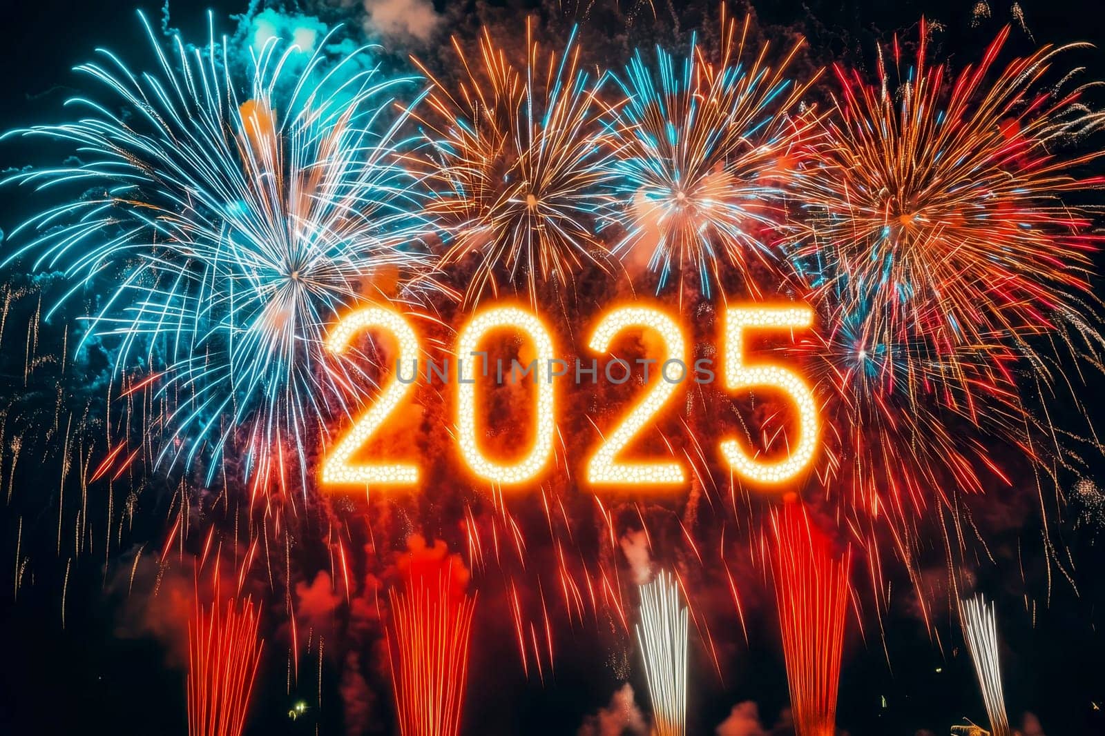 A dazzling array of fireworks explodes in various vibrant colors, illuminating the night sky and marking the celebration of the year 2025 in a spectacular manner..